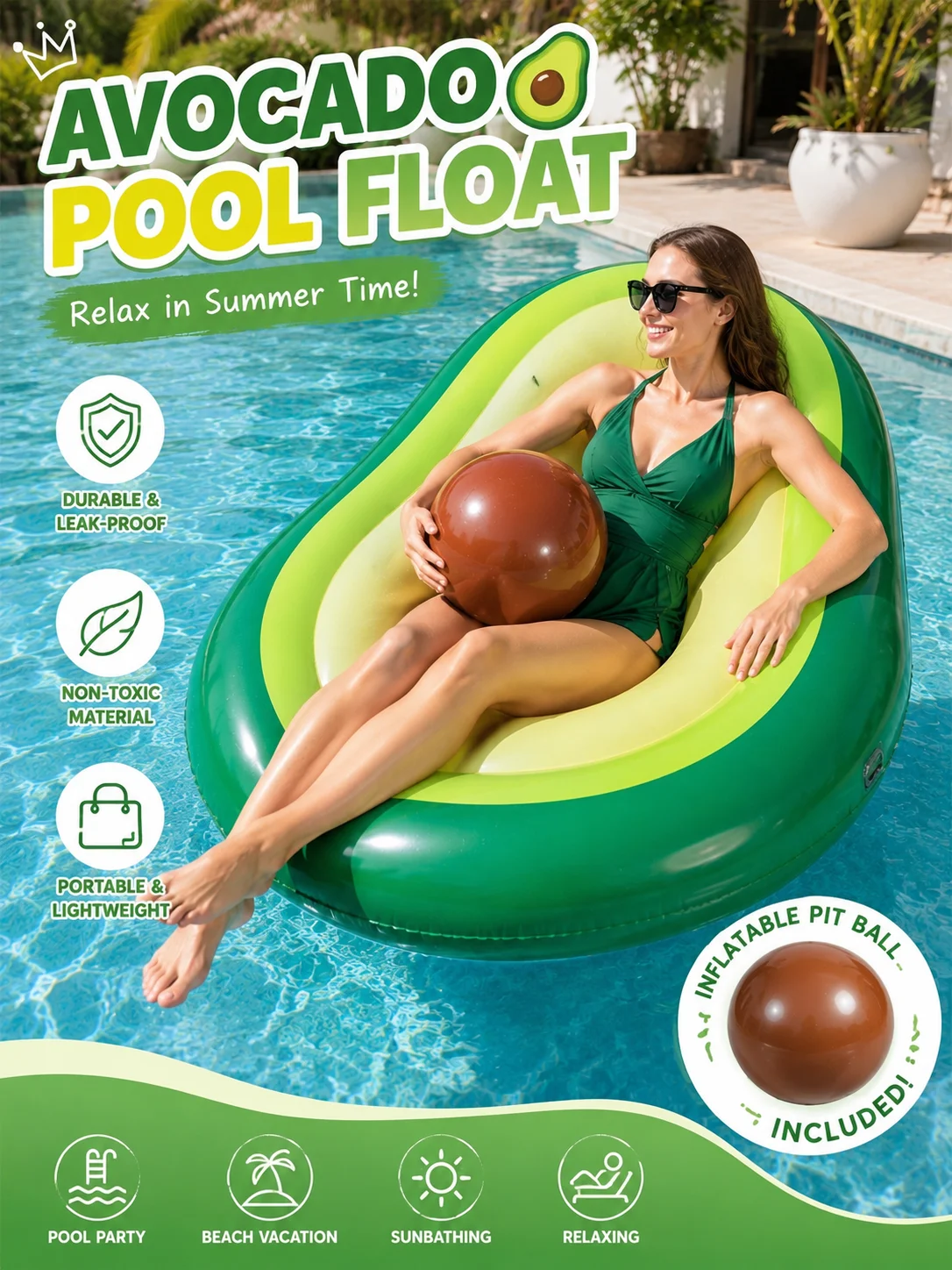 1pc Avocado Pool Float Inflatable Lounger with Beach Ball Fruit Shape Floating Raft for Summer Swimming Pool Party
1pc Avocado Pool Float Inflatable Lounger with Beach Ball Fruit Shape Floating Raft for Summer Swimming Pool Party