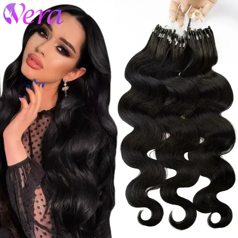 Micro Link Hair Extensions Human Hair Body Wave Micro Bead Hair Extension Natural Black 50 Strands/Set Micro Loop Hair Extension