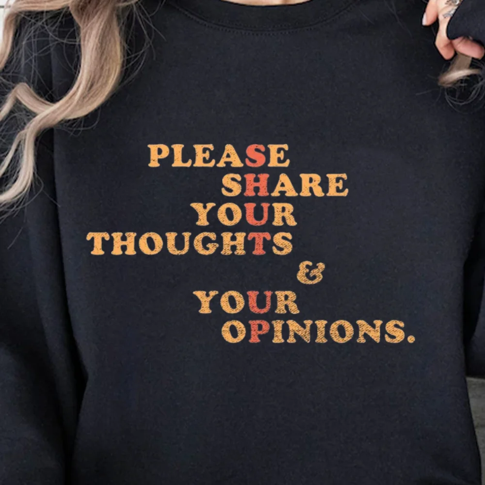 Вдохновляющая цитата, черная толстовка, Share Thoughts Opinions, слоган, графический мотивационный повседневный свободный модный топ с длинными рукавами
Вдохновляющая цитата, черная толстовка, Share Thoughts Opinions, слоган, графический мотивационный повседневный свободный модный топ с длинными рукавами