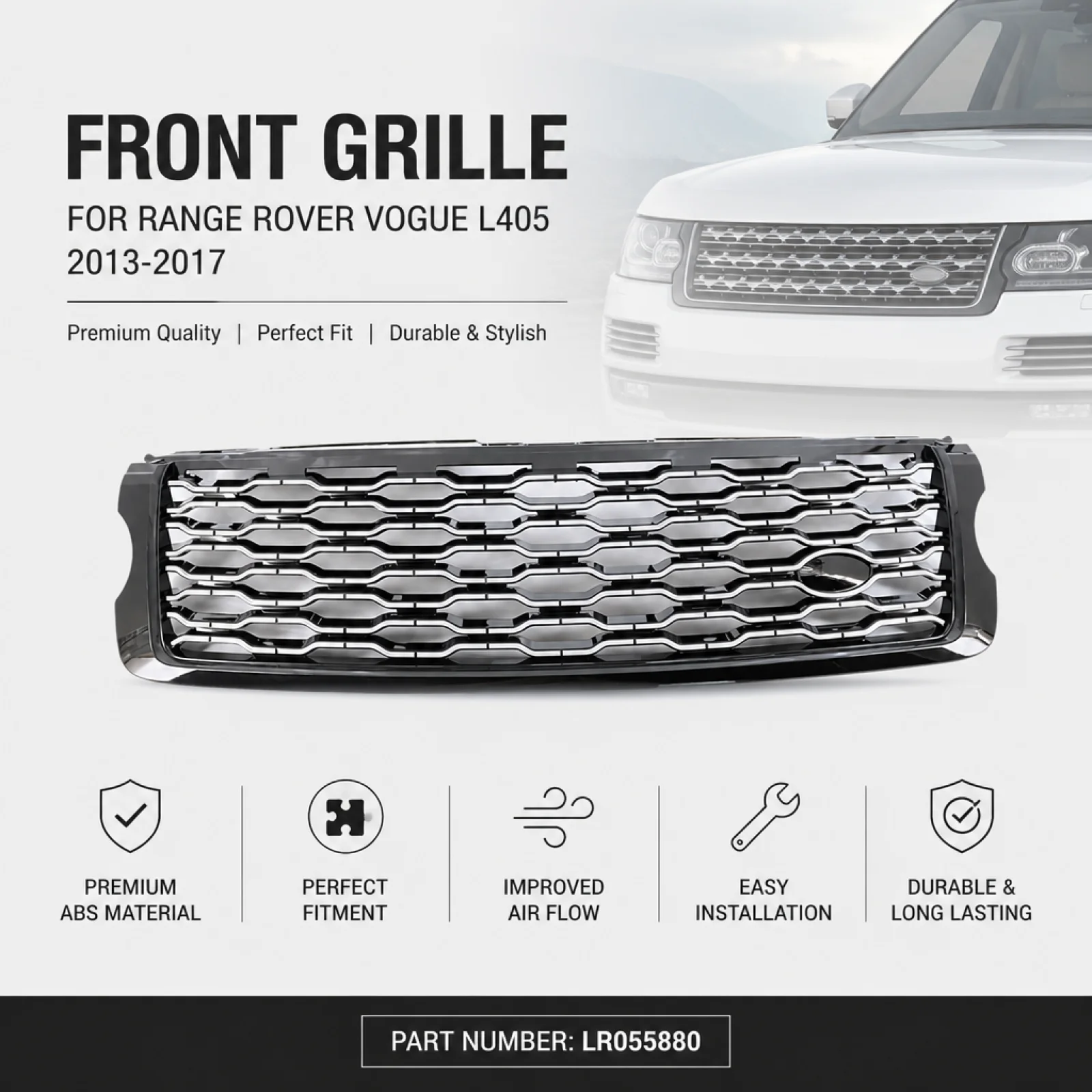 Grille Trim LR055880 Compatible Silver Sturdy Car Grille Protection Net Exterior Accessories for Range Rover 13-17 Vogue L405
Grille Trim LR055880 Compatible Silver Sturdy Car Grille Protection Net Exterior Accessories for Range Rover 13-17 Vogue L405