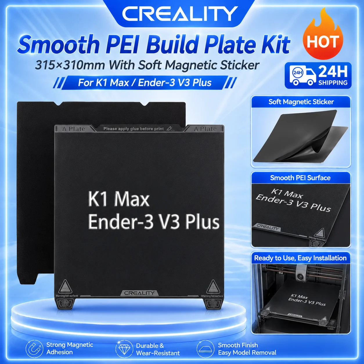 Creality PEI Build Plate Kit 315x310mm with Soft Magnetic Sticker for K1 Max Ender-3 V3 plus 3D Printer Smooth Surface Printing
Creality PEI Build Plate Kit 315x310mm with Soft Magnetic Sticker for K1 Max Ender-3 V3 plus 3D Printer Smooth Surface Printing