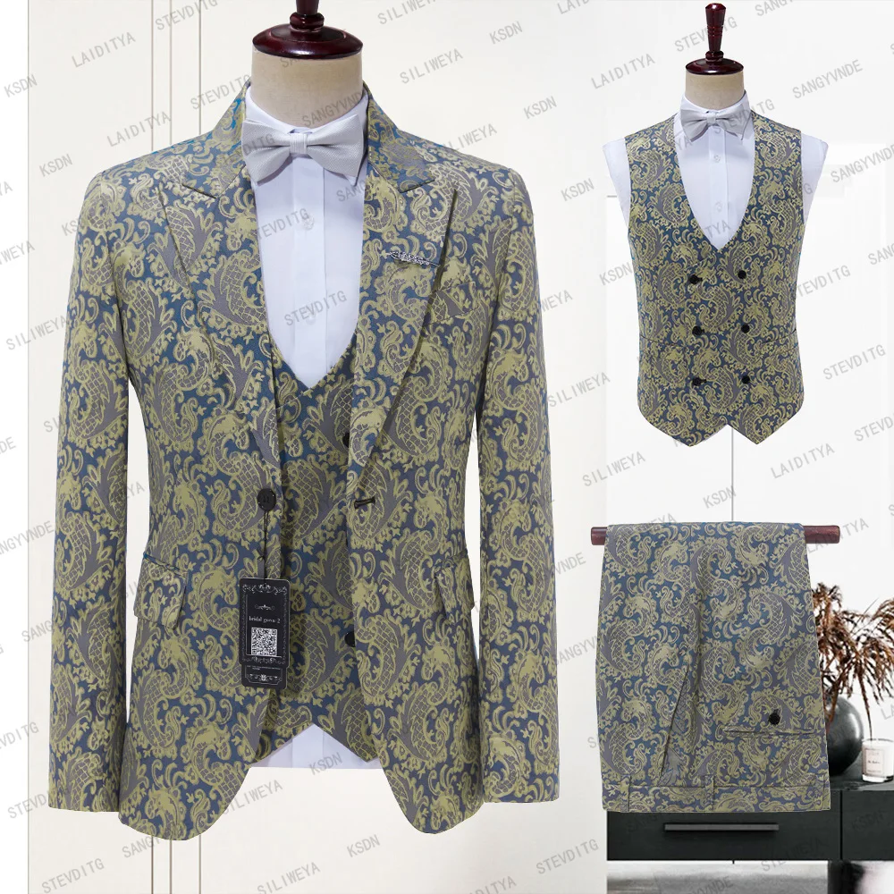 2023 Luxury Wedding Tuxedo For Groom Slim Fit Men Suits Blue Yellow Printed Peak Lapel Costume Homme 3 Pcs Set Blazer Vest Pants
2023 Luxury Wedding Tuxedo For Groom Slim Fit Men Suits Blue Yellow Printed Peak Lapel Costume Homme 3 Pcs Set Blazer Vest Pants