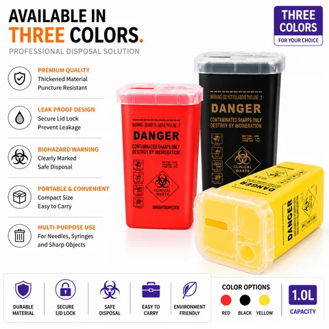 Professional Tattoo Needle Disposal Container 1L Sharps Safety Box Biohazard Waste Collector for Needles Syringes Sharp Objects