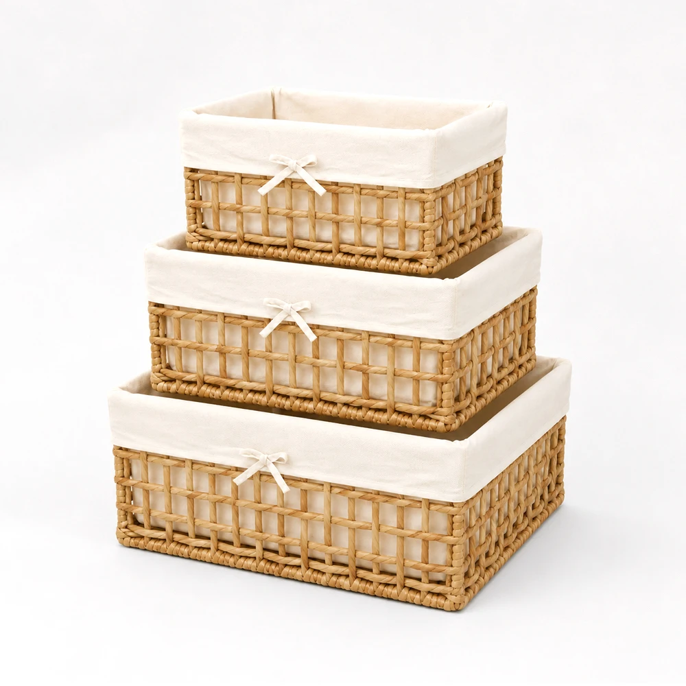 Handwoven Water Hyacinth Storage Baskets Set of 3, Natural Wicker Organizer Bins with Removable Fabric Liners, Sizes S/M/L (33x22x15, 40x25x18, 44x30x20 cm)
Handwoven Water Hyacinth Storage Baskets Set of 3, Natural Wicker Organizer Bins with Removable Fabric Liners, Sizes S/M/L (33x22x15, 40x25x18, 44x30x20 cm)