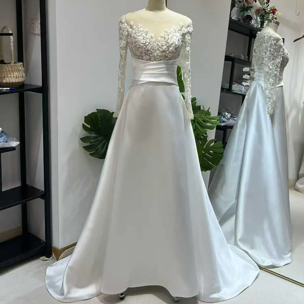 Satin Bridal Dresses For Women Lace Beaded O Neck Long Sleeve A Line Lace Up Back Vestidos De Novia Boda
Satin Bridal Dresses For Women Lace Beaded O Neck Long Sleeve A Line Lace Up Back Vestidos De Novia Boda
