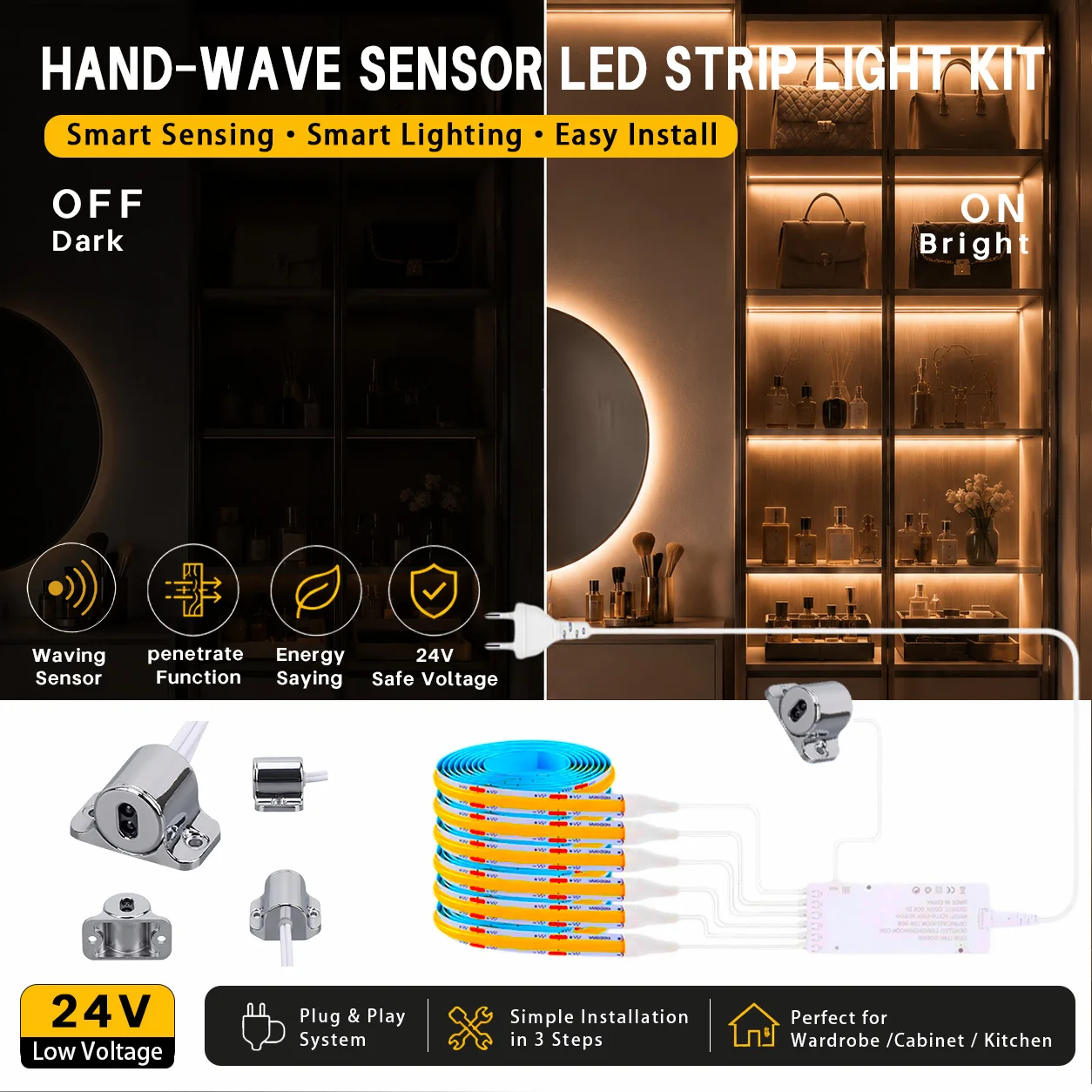 12V Smart Control Hand Wave Sensor Dimmable COB LED Strip Light Motion Sensor Cabinet Closet Wardrobe Bookcase Display Lighting
12V Smart Control Hand Wave Sensor Dimmable COB LED Strip Light Motion Sensor Cabinet Closet Wardrobe Bookcase Display Lighting