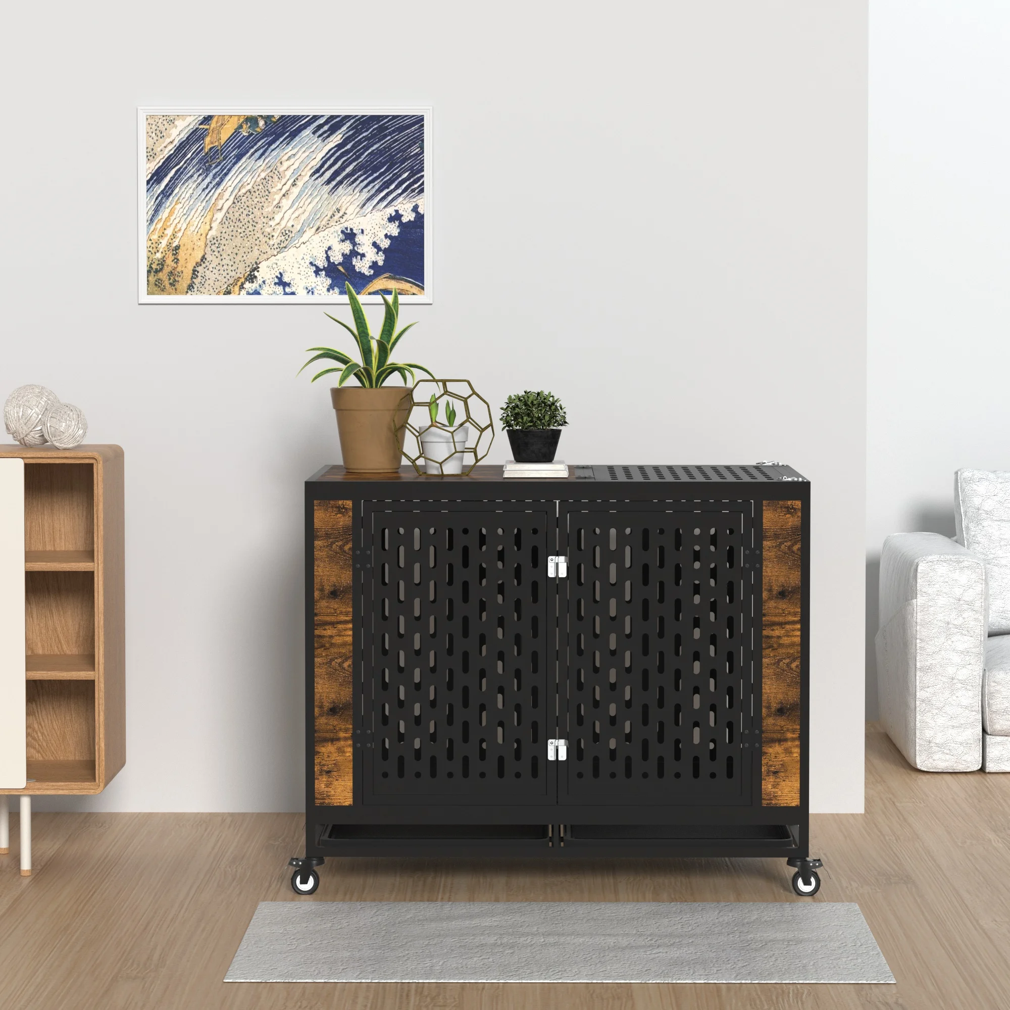 42" Wood Metal Pet Dog Crate with 4 Wheels and Removable Tray,Heavy Duty Furniture Style Dog Crate, Decorative Pet House Cage
42" Wood Metal Pet Dog Crate with 4 Wheels and Removable Tray,Heavy Duty Furniture Style Dog Crate, Decorative Pet House Cage