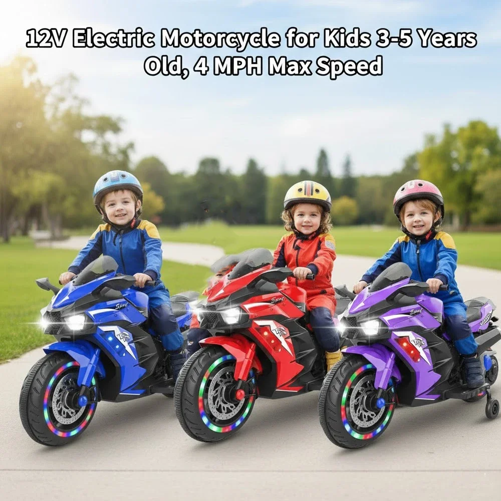 12V Electric Motorcycle with raining Wheels for Kids 3-5 Years Old 4 MPH Max Speed LED Lights Bluetooth Music Battery Powered
12V Electric Motorcycle with raining Wheels for Kids 3-5 Years Old 4 MPH Max Speed LED Lights Bluetooth Music Battery Powered