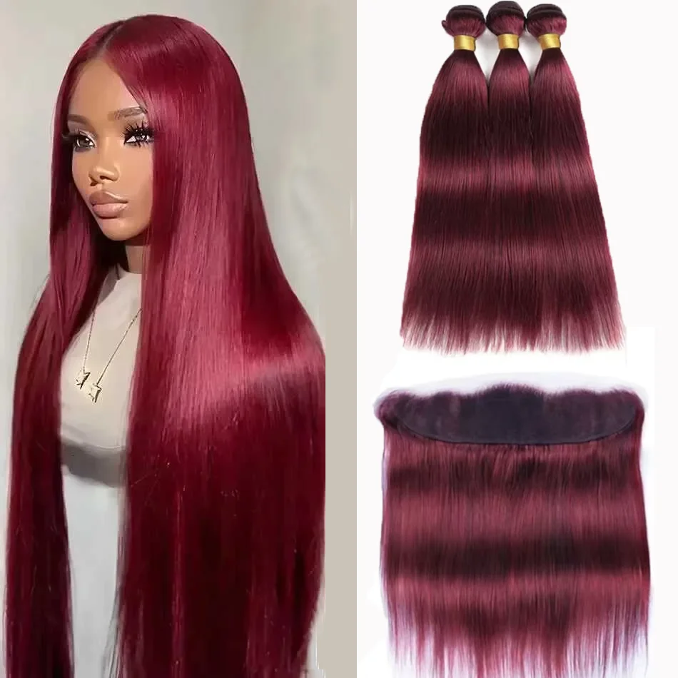 Raw Hair 99J Burgundy Straight Human Hair Bundles with Frontal 13x4 Lace Virgin Human Hair Weave 3 Bundles and Frontal For Women
Raw Hair 99J Burgundy Straight Human Hair Bundles with Frontal 13x4 Lace Virgin Human Hair Weave 3 Bundles and Frontal For Women
