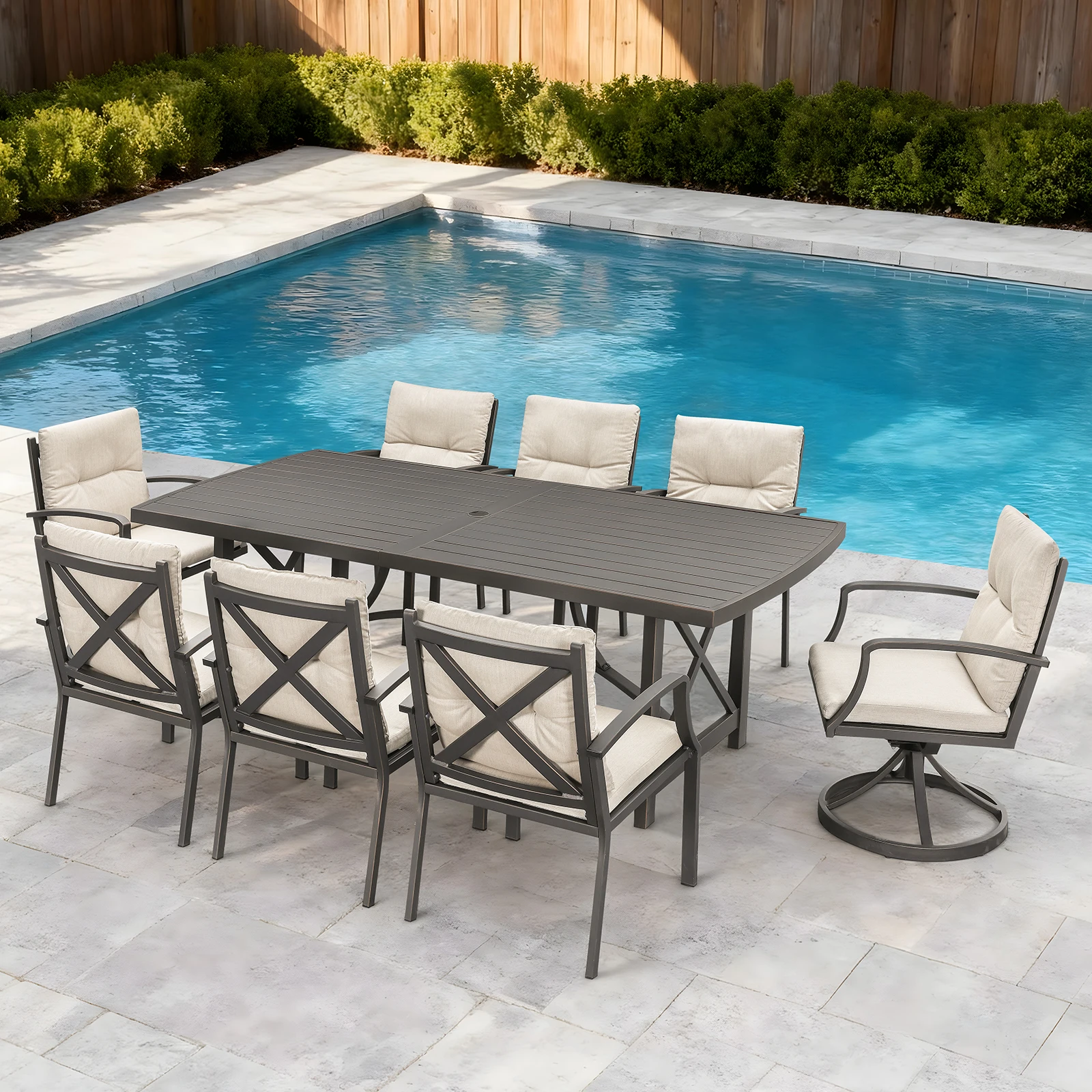 SeeHill Gunmetal 9-Piece Outdoor Dining Set, Aluminum Patio Table with 6 Chairs and 2 Swivel Chairs, Cushions
SeeHill Gunmetal 9-Piece Outdoor Dining Set, Aluminum Patio Table with 6 Chairs and 2 Swivel Chairs, Cushions