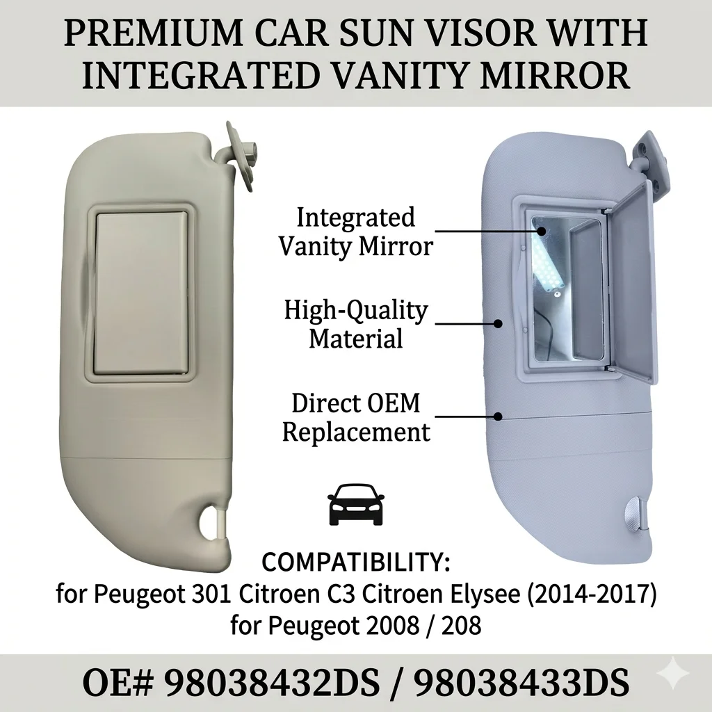 Car Sun Visor for Peugeot 2008 208 301 Citroen C3 C-Elysee 2014-2017 Sunvisor with Mirror 98038432DS 98038433DS Left Right Side
Car Sun Visor for Peugeot 2008 208 301 Citroen C3 C-Elysee 2014-2017 Sunvisor with Mirror 98038432DS 98038433DS Left Right Side