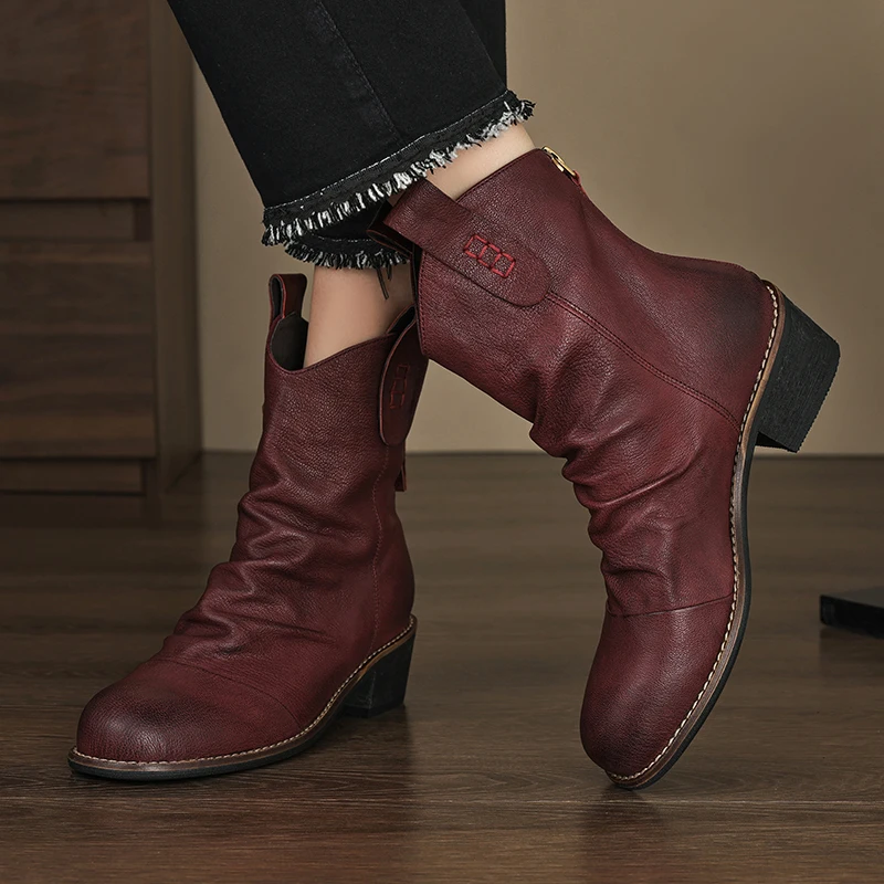 Women's Genuine Leather Ankle Boots Round Toe Pull Tabs Stacked Block Heel Slouch Design Western Booties with Rear Zip Closure
Women's Genuine Leather Ankle Boots Round Toe Pull Tabs Stacked Block Heel Slouch Design Western Booties with Rear Zip Closure
