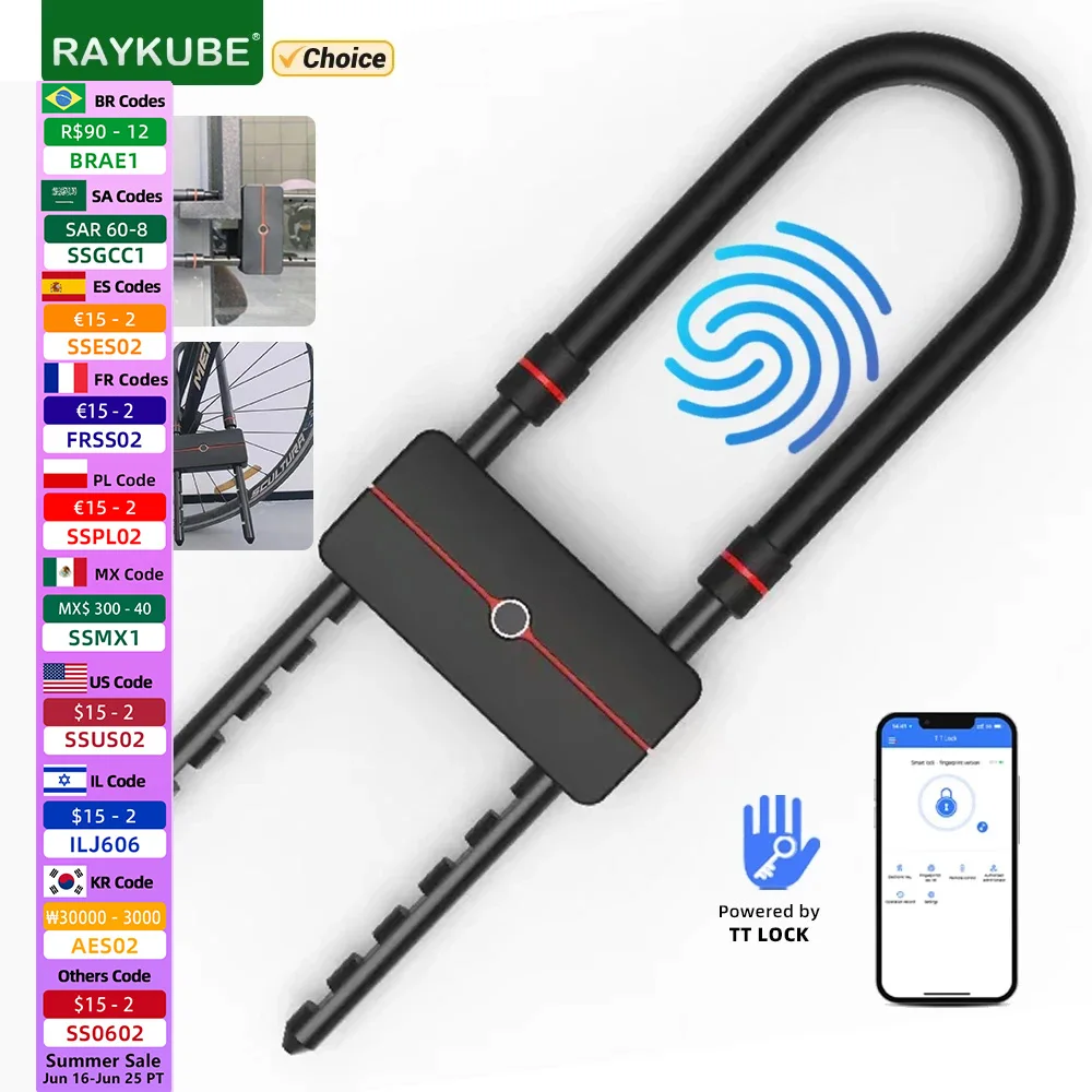 RAYKUBE Водонепроницаемый TT Lock Управление через приложение U-образный электронный велосипедный замок Умный U-образный замок с отпечатком пальца с TT Lock Разблокировка паролем приложения
RAYKUBE Водонепроницаемый TT Lock Управление через приложение U-образный электронный велосипедный замок Умный U-образный замок с отпечатком пальца с TT Lock Разблокировка паролем приложения