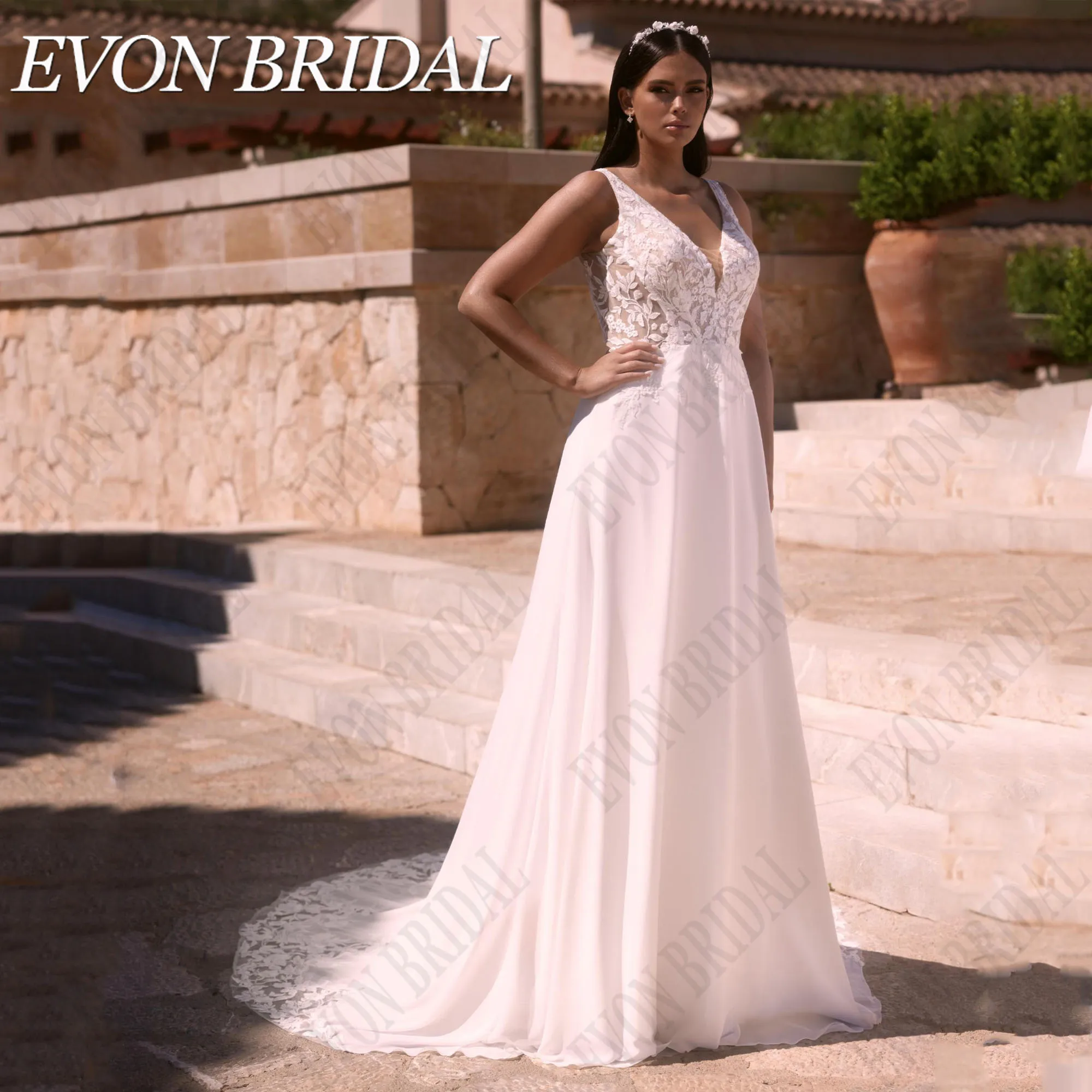 EVON BRIDAL Plus Size Wedding Gowns Sleeveless Applique Lace Boho Bride Dresses Chiffon A-Line Robe De Mariée V-Neck Custom
EVON BRIDAL Plus Size Wedding Gowns Sleeveless Applique Lace Boho Bride Dresses Chiffon A-Line Robe De Mariée V-Neck Custom