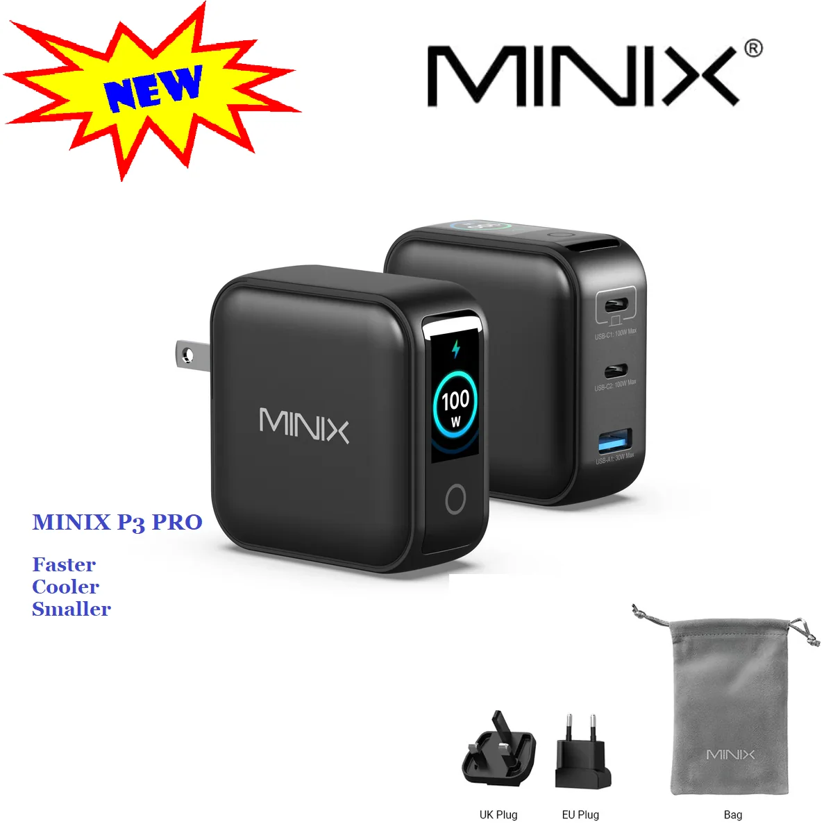 MINIX P3 Pro 100W GaN USB Charger Travelling Adapter with Multi Plugs for MacBook, iPhone, Samsung, Display Screen
MINIX P3 Pro 100W GaN USB Charger Travelling Adapter with Multi Plugs for MacBook, iPhone, Samsung, Display Screen