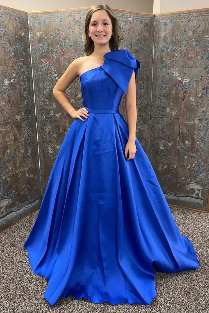 One-Shoulder Royal Blue Ball Gown with Bow Evening Dresses Long A Line Royal Blue Satin Prom Dress Formal Party Gown for Women
One-Shoulder Royal Blue Ball Gown with Bow Evening Dresses Long A Line Royal Blue Satin Prom Dress Formal Party Gown for Women