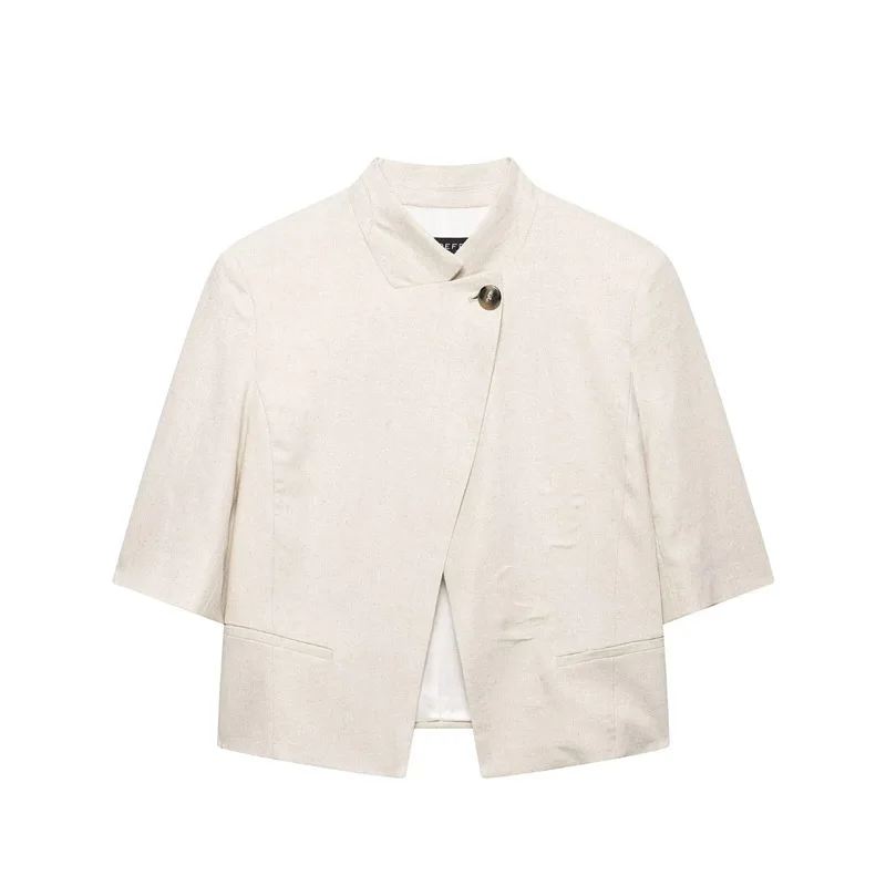 Women Beige Short Sleeve Blazer Jacket Elegant Stand Collar Crop Coat Fashion Single Button Outwear Summer Casual Blazer Tops
Women Beige Short Sleeve Blazer Jacket Elegant Stand Collar Crop Coat Fashion Single Button Outwear Summer Casual Blazer Tops
