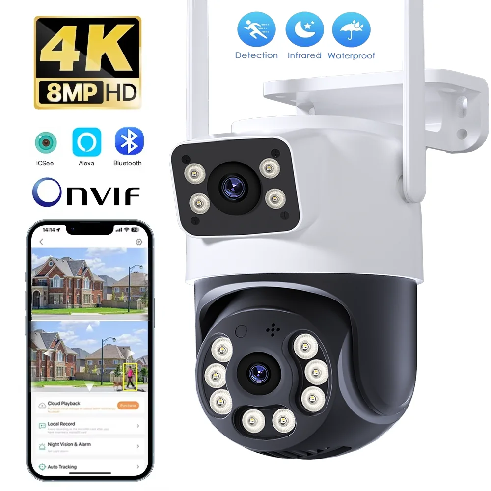 Outdoor 8MP 4K Wifi PTZ CCTV Two Way Audio Camera Dual Lens Dual Screen AI Auto Tracking IP Video Surveillance Camera
Outdoor 8MP 4K Wifi PTZ CCTV Two Way Audio Camera Dual Lens Dual Screen AI Auto Tracking IP Video Surveillance Camera
