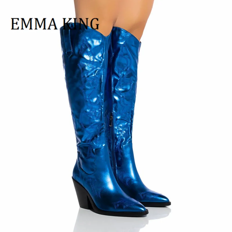Embroider Pointed Toe CowGirl Booties Autumn Women Block Chunky Heels Knee High Boots Shiny Mirror Leather Motorcycle Boots
Embroider Pointed Toe CowGirl Booties Autumn Women Block Chunky Heels Knee High Boots Shiny Mirror Leather Motorcycle Boots