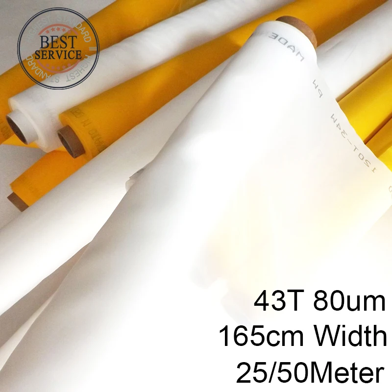 43T 80um 165cm Width Monofilament Polyester Mesh for Silk Screen Printing 25/50Meters With White Yellow Color
43T 80um 165cm Width Monofilament Polyester Mesh for Silk Screen Printing 25/50Meters With White Yellow Color