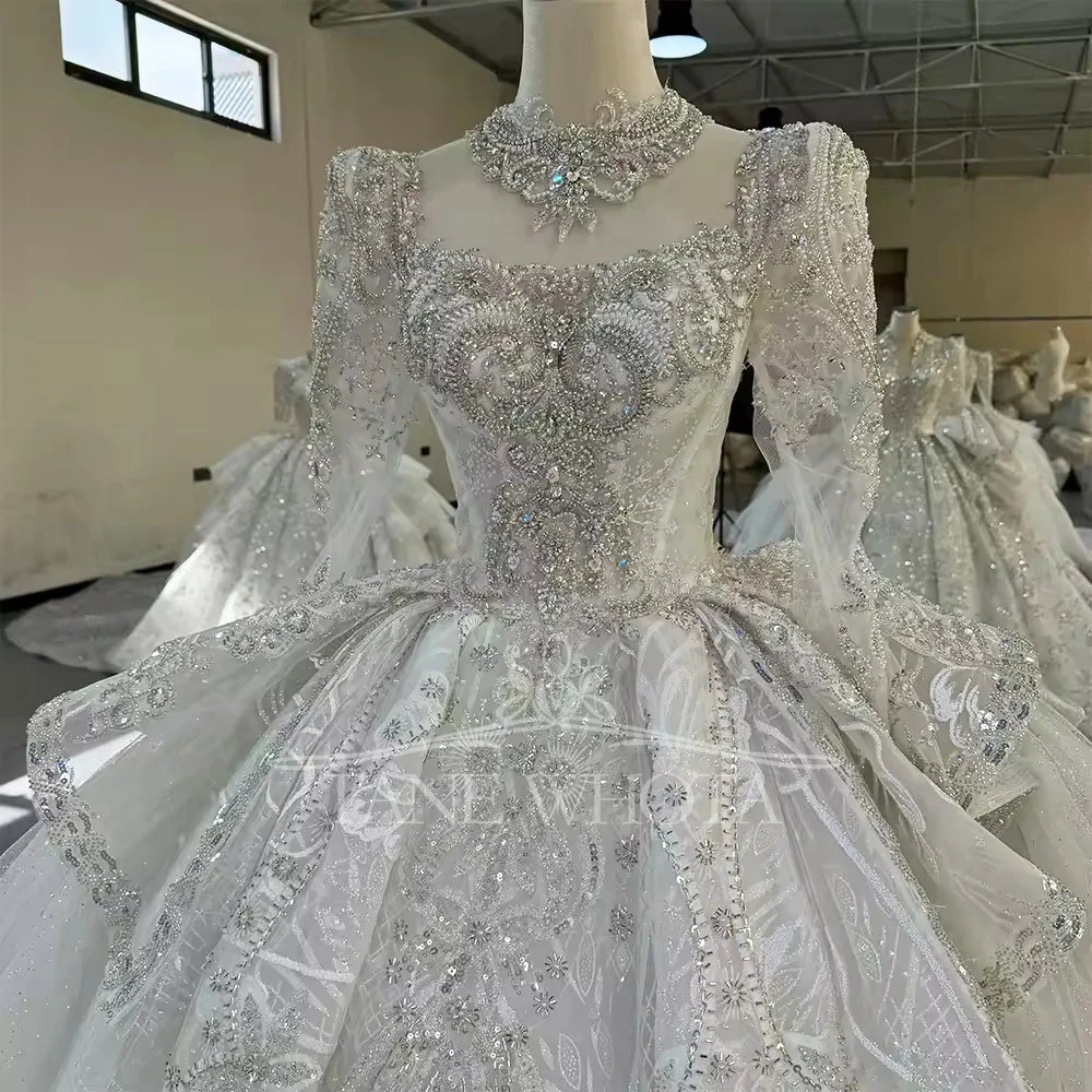Vestido Noiva Long Sleeves High Sleeves Beading Crystal Luxury Wedding Dress Ball Gown Lace Long Bridal Dress
Vestido Noiva Long Sleeves High Sleeves Beading Crystal Luxury Wedding Dress Ball Gown Lace Long Bridal Dress