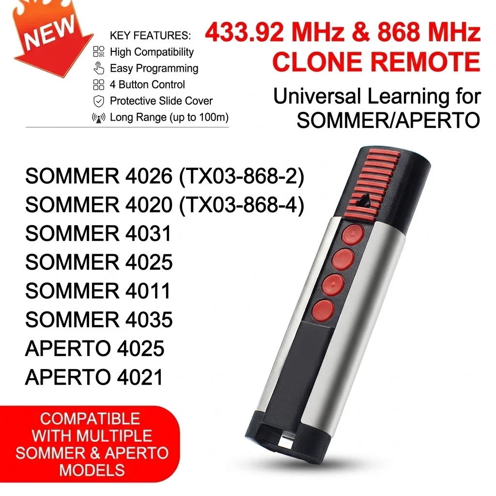 868MHz Rolling Code Cloning Remote For SOMMER 4020 4026 4031 4025 4011 4035 TX03-868-2 TX03-868-4 APERTO 4025 4021 Gate Opener
868MHz Rolling Code Cloning Remote For SOMMER 4020 4026 4031 4025 4011 4035 TX03-868-2 TX03-868-4 APERTO 4025 4021 Gate Opener