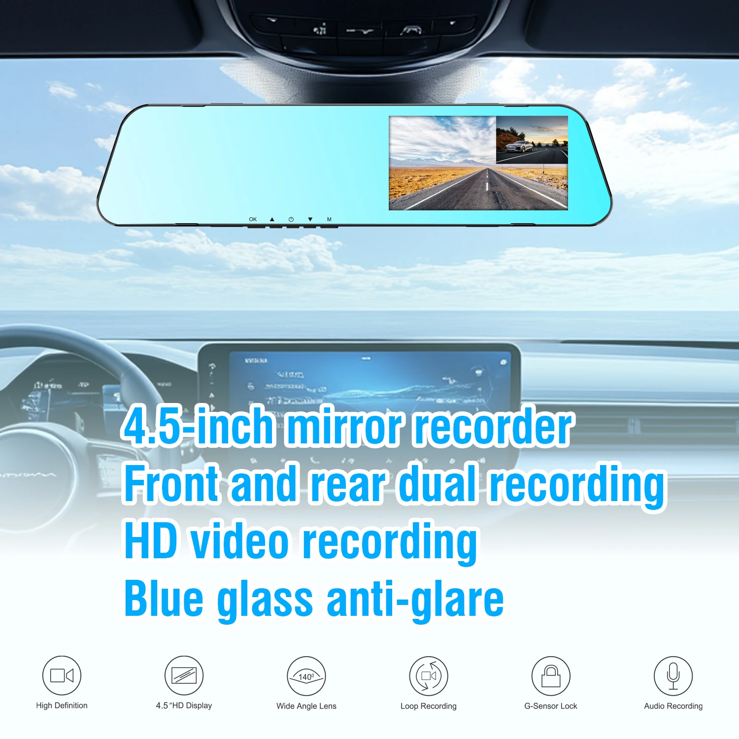 4.5 in Rear View Mirror Video Recroder Car DVR Mirror Dash Cam Backup Mirror Camera Dual Cameras Night Vision Parking Assistance
4.5 in Rear View Mirror Video Recroder Car DVR Mirror Dash Cam Backup Mirror Camera Dual Cameras Night Vision Parking Assistance