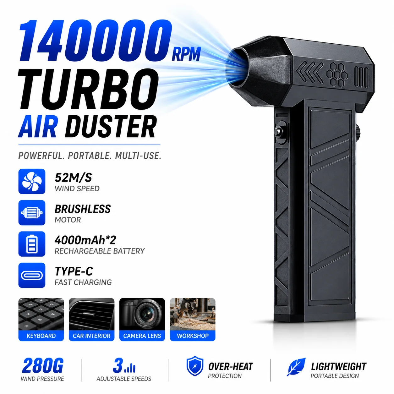 Compressed Air Duster,140000RMP Air Blower Cleaning Kit with 3 Gear Adjustable, Rechargeable Snow Blower for Car, Home,Black
Compressed Air Duster,140000RMP Air Blower Cleaning Kit with 3 Gear Adjustable, Rechargeable Snow Blower for Car, Home,Black