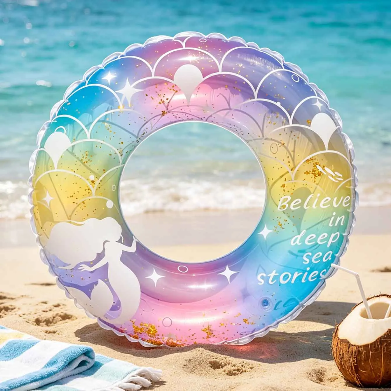 1PC Mermaid Glitter Inflatable Swim Ring Rainbow Pool Float Tube With Handles Summer Beach Water Party Float
1PC Mermaid Glitter Inflatable Swim Ring Rainbow Pool Float Tube With Handles Summer Beach Water Party Float