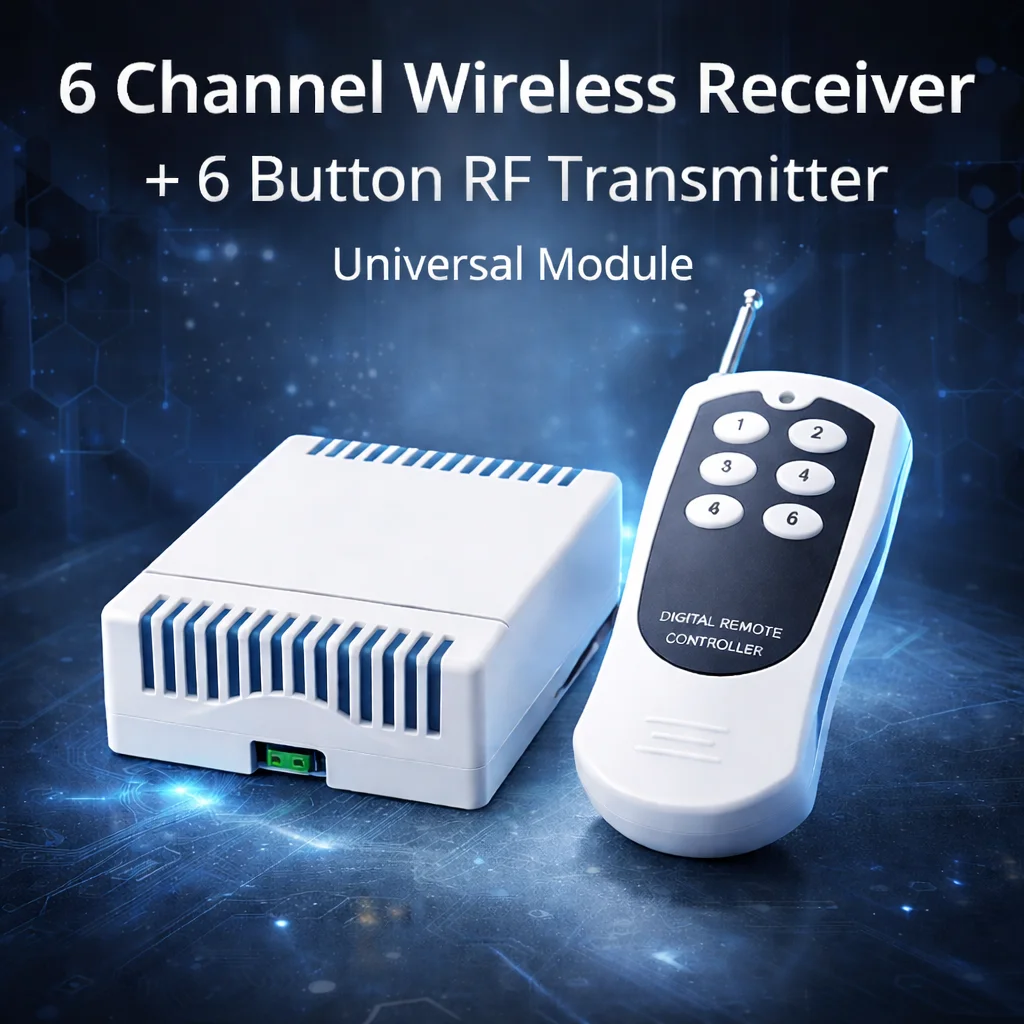 Universal 6CH Relay Module 433MHz Wireless Remote Switch DC 12V 24V Receiver with 6 Button RF Transmitter
Universal 6CH Relay Module 433MHz Wireless Remote Switch DC 12V 24V Receiver with 6 Button RF Transmitter