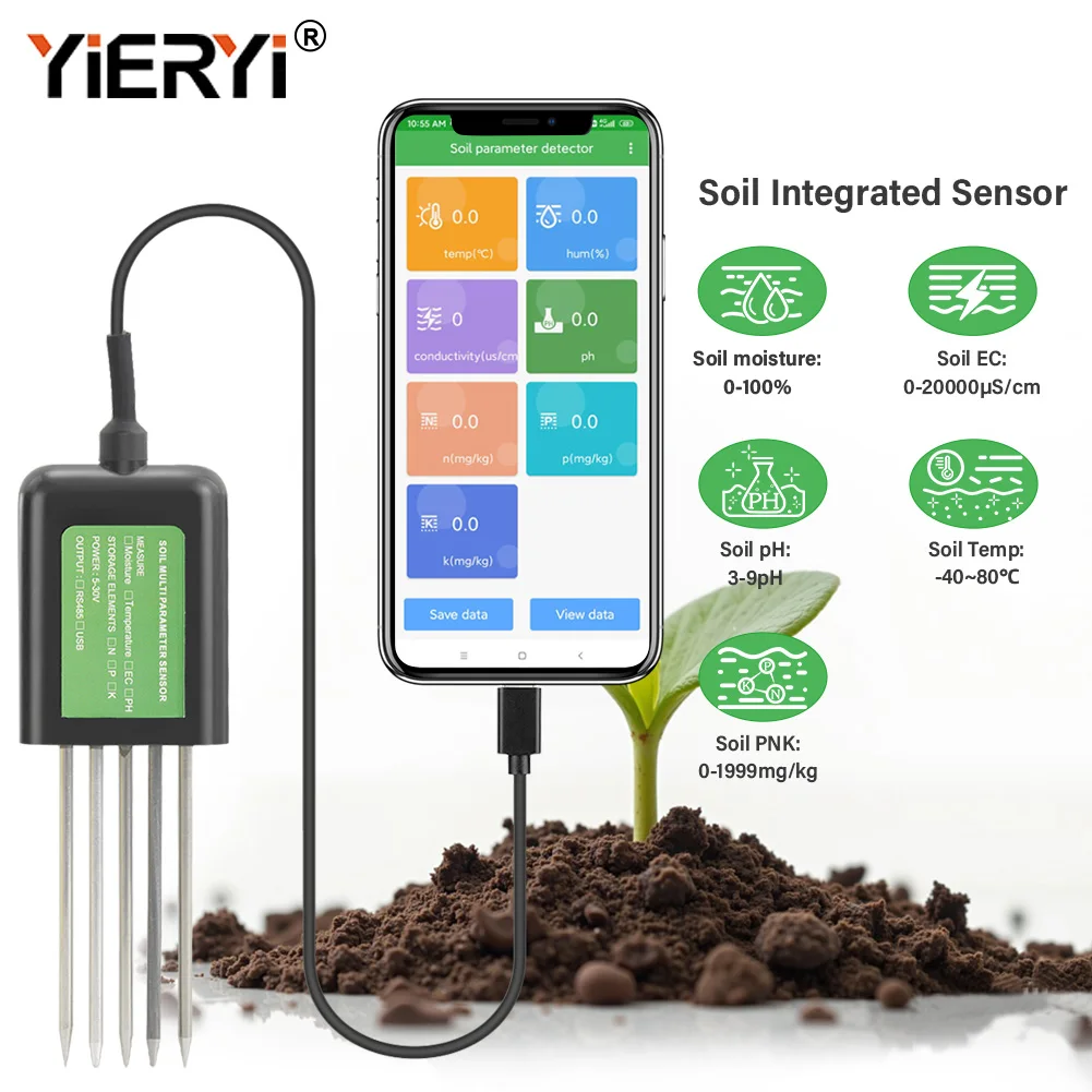 USB Soil Sensor PH EC Moisture Meter 7-In-1 Smart Soil Tester With App For Android Phone Real-Time Fertility Temp Data Export
USB Soil Sensor PH EC Moisture Meter 7-In-1 Smart Soil Tester With App For Android Phone Real-Time Fertility Temp Data Export