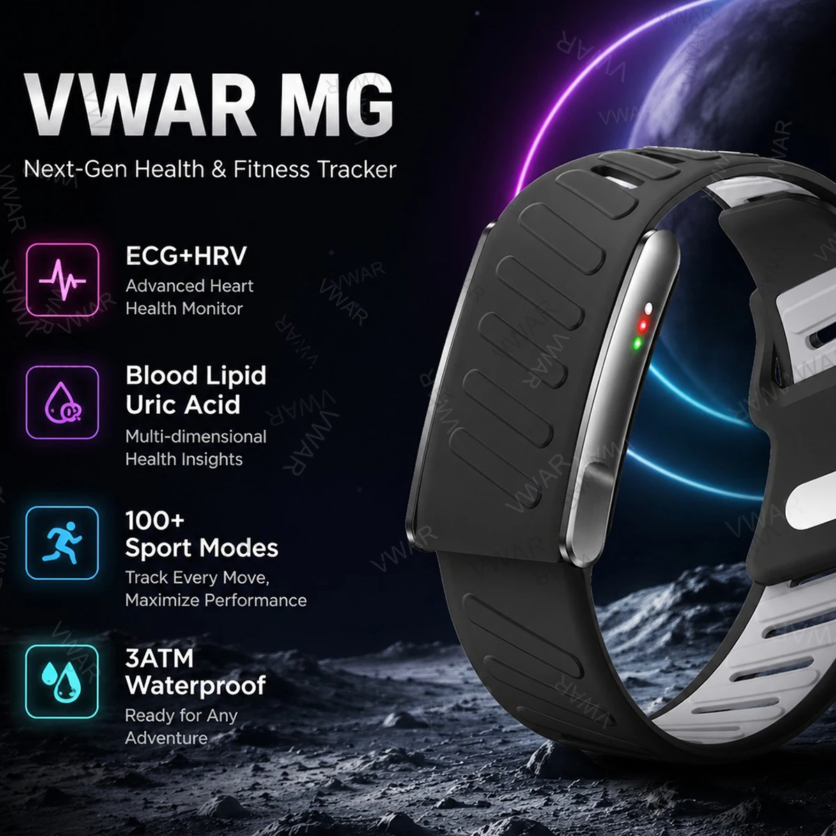 VWAR MG Health Smart Bracelet ECG+PPG HRV Body Temp Blood Lipid Uric Acid Analysis Fitness Tracker 100+ Sports Modes 3ATM Watch
VWAR MG Health Smart Bracelet ECG+PPG HRV Body Temp Blood Lipid Uric Acid Analysis Fitness Tracker 100+ Sports Modes 3ATM Watch