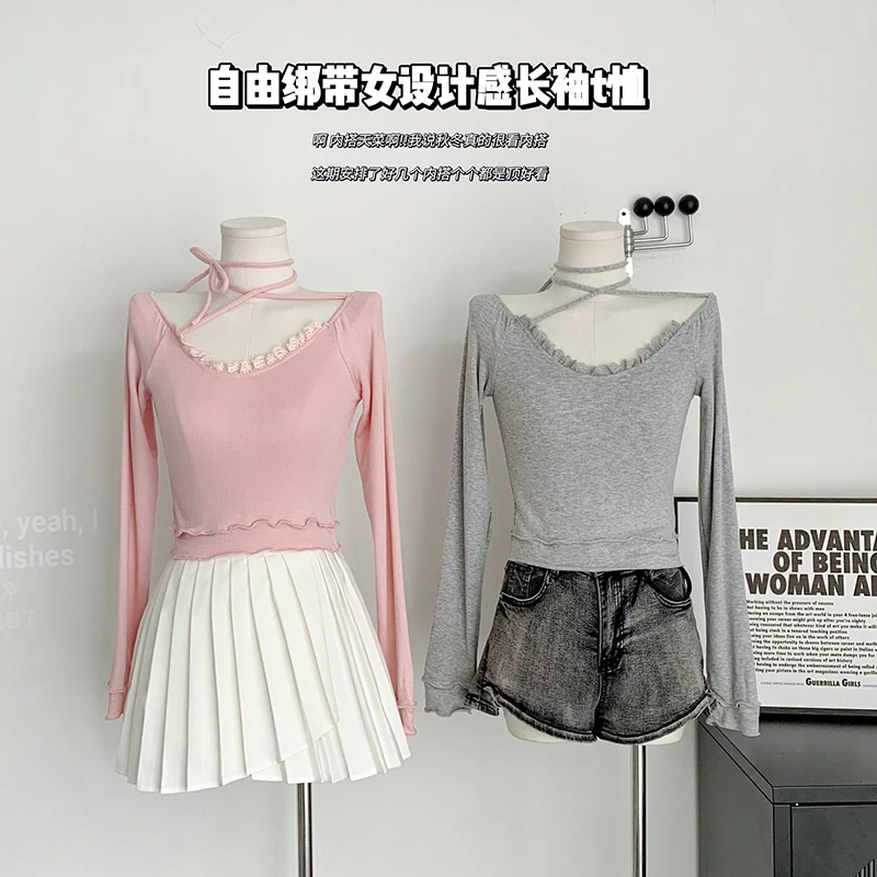 Halter T-shirts for Women Pink Irregular Long Sleeve Top Y2k Autumn Spring Aesthetic Clothes Lace Stitching Pullover
Halter T-shirts for Women Pink Irregular Long Sleeve Top Y2k Autumn Spring Aesthetic Clothes Lace Stitching Pullover