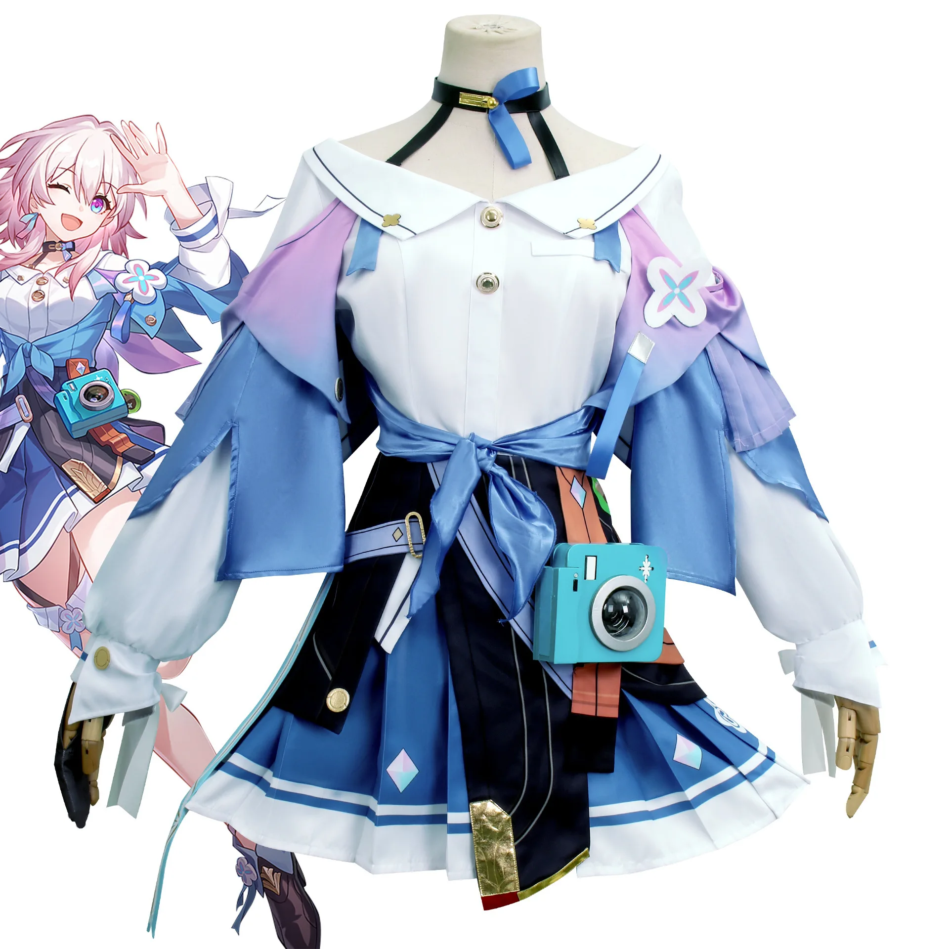 March 7th Honkai Star Rail Cosplay Costume White Blue Layered Dress With Camera Anime Game Outfit For Women
March 7th Honkai Star Rail Cosplay Costume White Blue Layered Dress With Camera Anime Game Outfit For Women