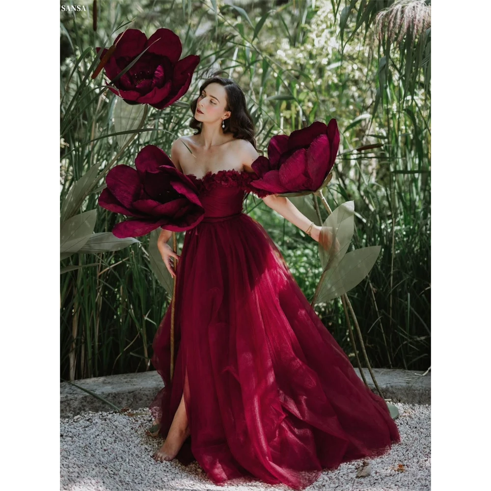 Sansa Индивидуальные красные 3D-цветочные платья для выпускного вечера трапециевидной формы с разрезом по бокам и открытыми плечами Vestidos De Noche длиной до пола, торжественный вечер 2025 
Sansa Индивидуальные красные 3D-цветочные платья для выпускного вечера трапециевидной формы с разрезом по бокам и открытыми плечами Vestidos De Noche длиной до пола, торжественный вечер 2025