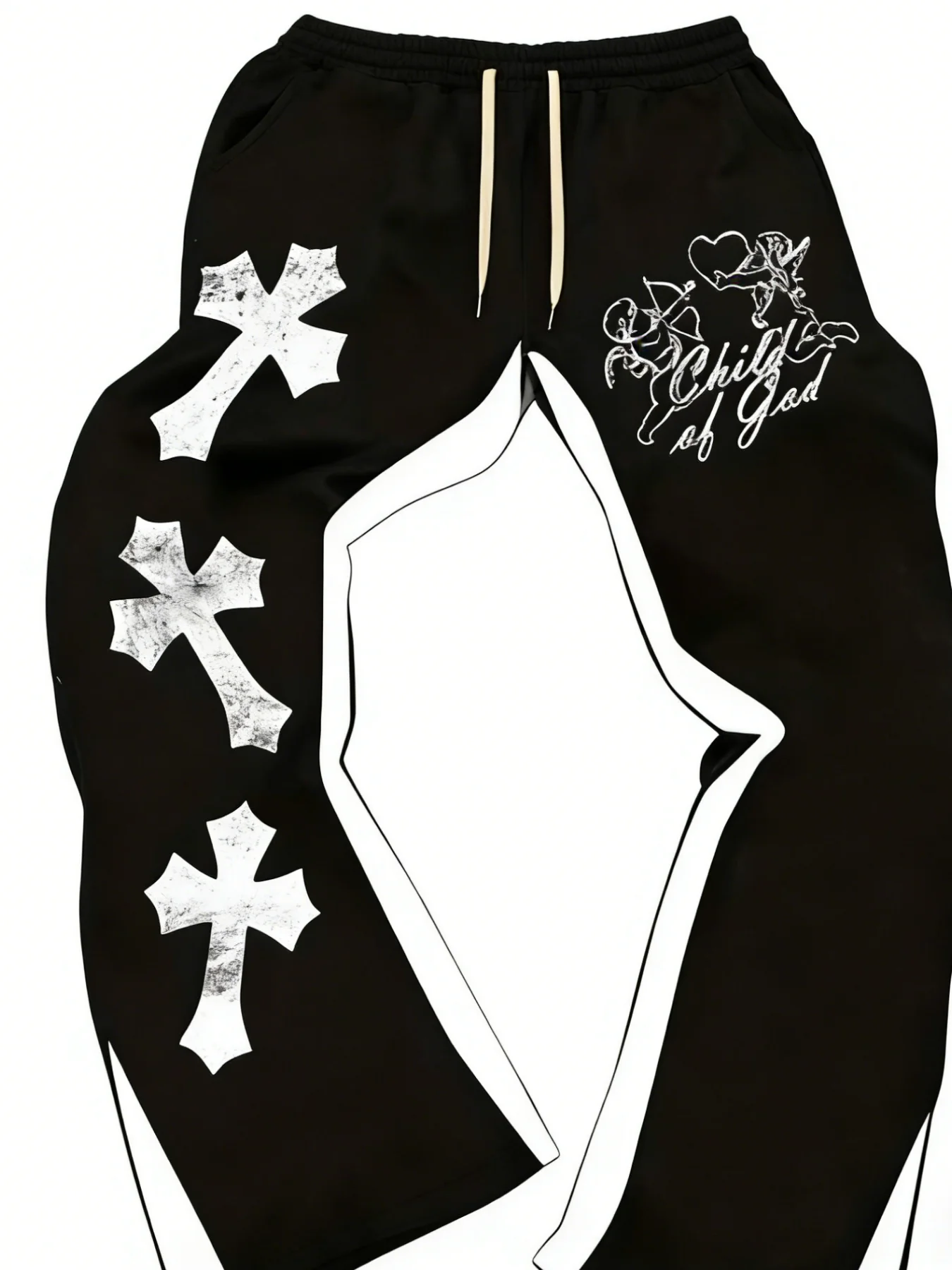 Men's casual street style fashion cross print, slightly flared black and white block design sweatpants
Men's casual street style fashion cross print, slightly flared black and white block design sweatpants