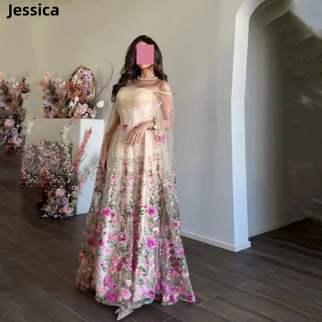 Jessica Champagne Evening Dresses Embroidery Floral Luxury Prom Dresses Elegant Lady With Tulle Shawl فساتين سهرة Customized
Jessica Champagne Evening Dresses Embroidery Floral Luxury Prom Dresses Elegant Lady With Tulle Shawl فساتين سهرة Customized