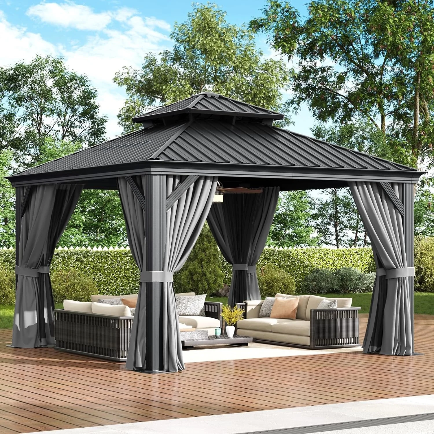 Nordivale 14x10FT Permanent Metal Gazebo Hardtop Aluminum Frame Double Top Galvanized Steel Roof with Gutter Drainage Curtains and Netting for Outdoor Party Garden
Nordivale 14x10FT Permanent Metal Gazebo Hardtop Aluminum Frame Double Top Galvanized Steel Roof with Gutter Drainage Curtains and Netting for Outdoor Party Garden