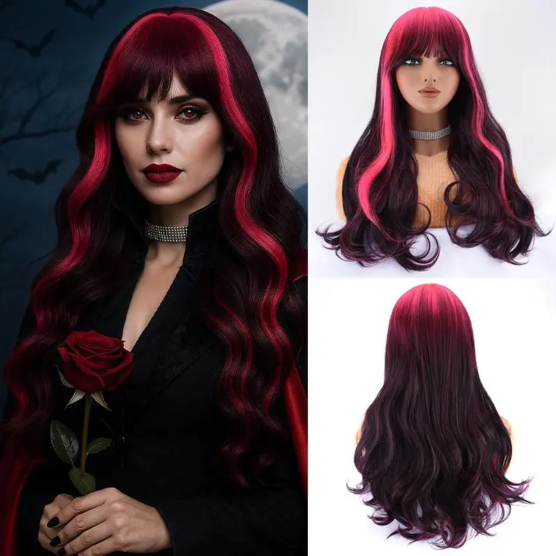 22 Inch Gradient Pink & Black Cosplay Wigs Heat Resistant Synthetic Body Wavy Wig with Bangs for Halloween Use Glueless Rose Net
22 Inch Gradient Pink & Black Cosplay Wigs Heat Resistant Synthetic Body Wavy Wig with Bangs for Halloween Use Glueless Rose Net