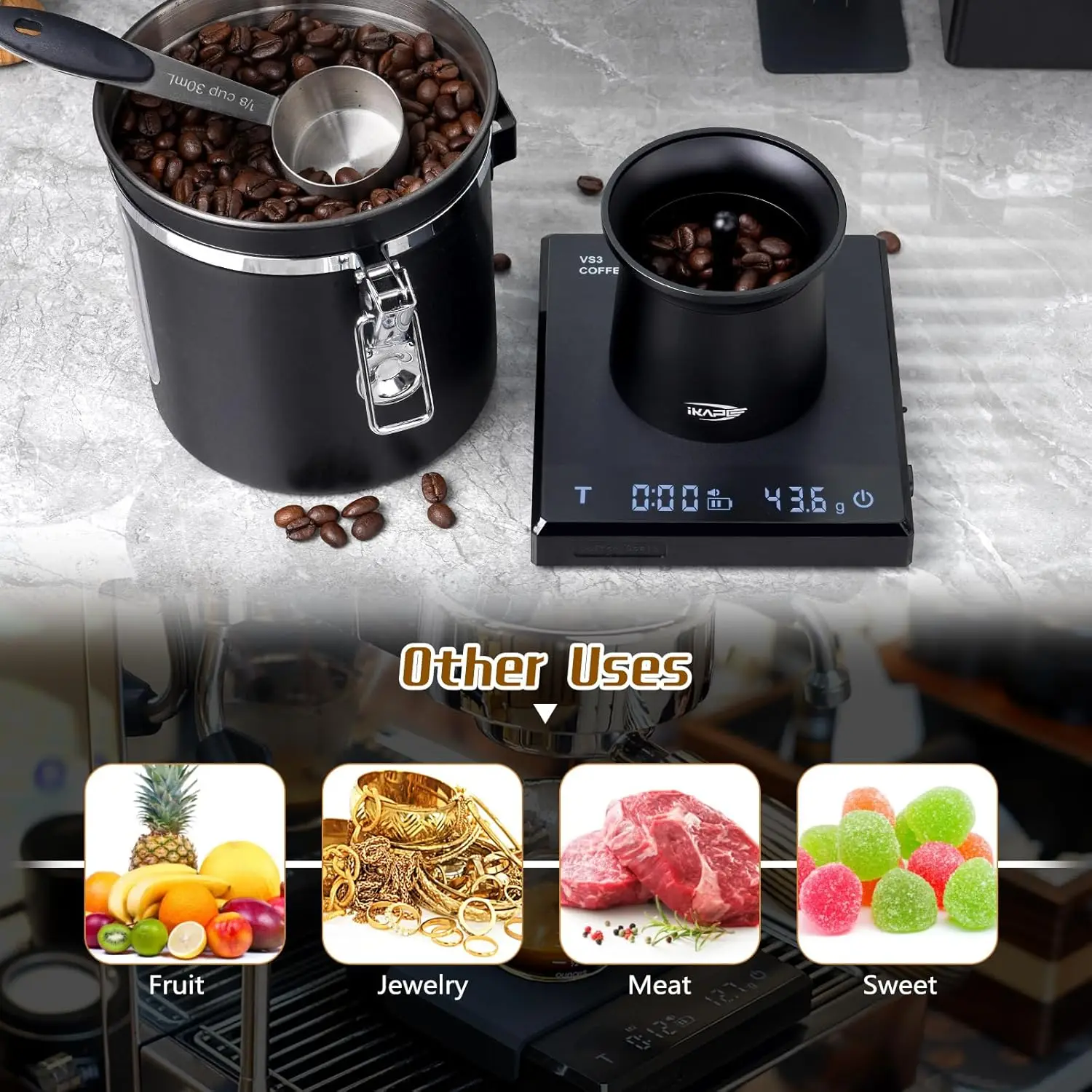 IKAPE Rechargeable Coffee Scale, Gravity Sensing Espresso Scale with Timer, 2kg/0.1g High Precision, LED Display, Auto-Tare
IKAPE Rechargeable Coffee Scale, Gravity Sensing Espresso Scale with Timer, 2kg/0.1g High Precision, LED Display, Auto-Tare