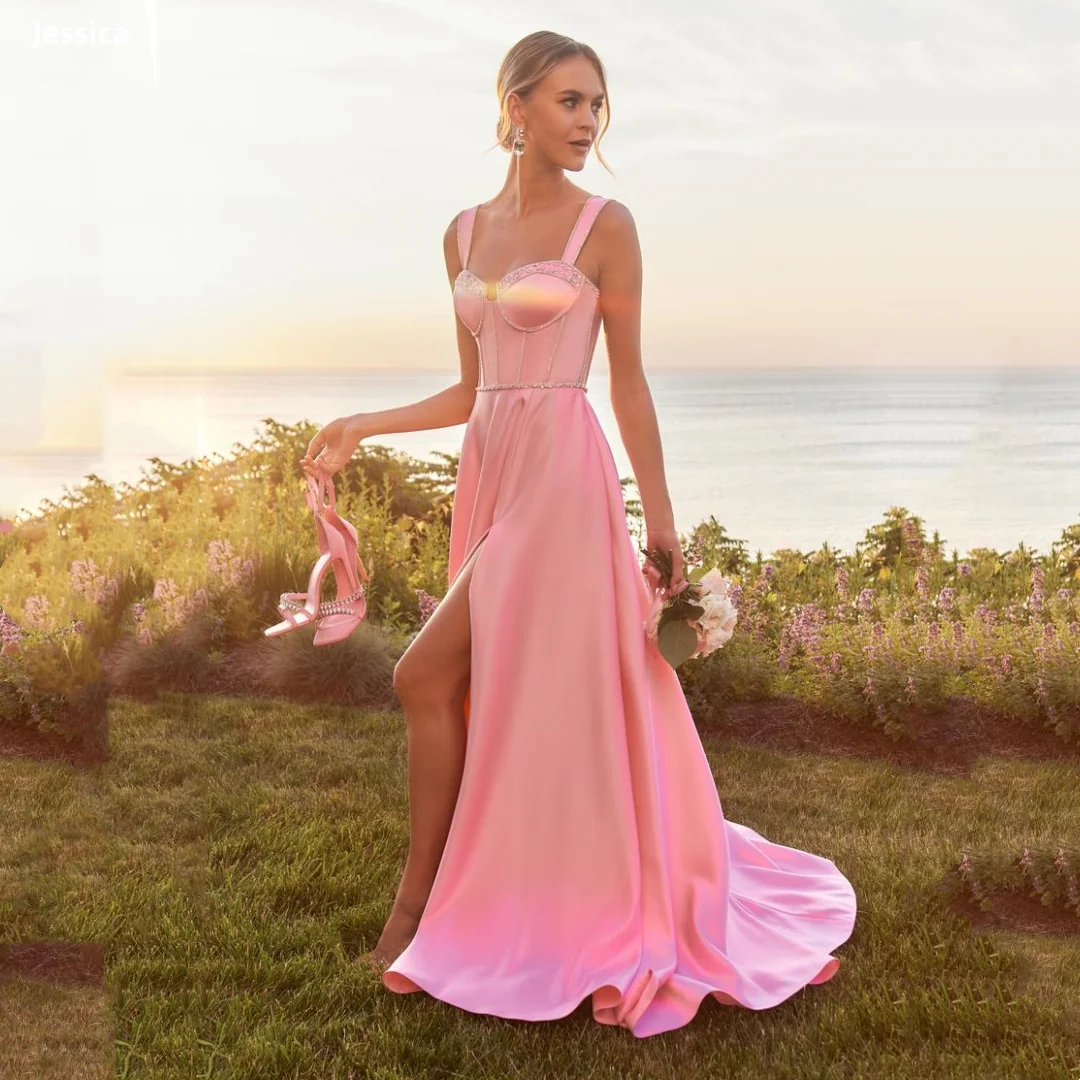 Jessica Spaghetti Straps With Beads Evening Dresses Pink Satin Prom Dresses A-line Side Slits Wedding Party Dresses Customized
Jessica Spaghetti Straps With Beads Evening Dresses Pink Satin Prom Dresses A-line Side Slits Wedding Party Dresses Customized