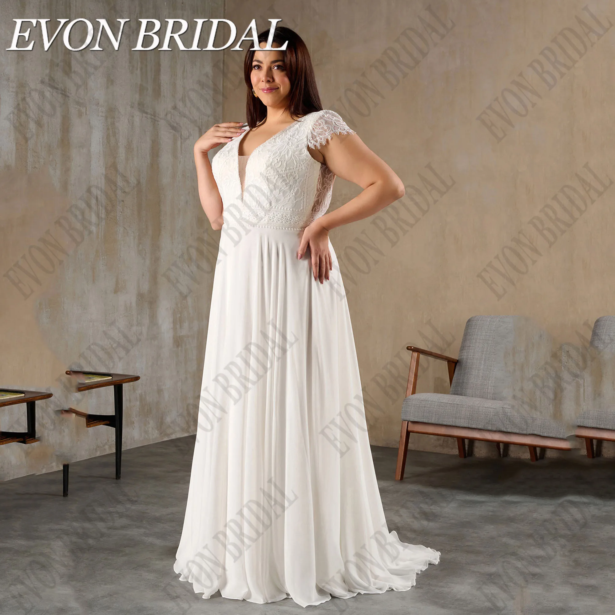EVON BRIDAL Customized Backless Plus Size Wedding Dress Short Sleeves V-Neck Civil Bride Gowns Chiffon A-Line Robe De Mariée
EVON BRIDAL Customized Backless Plus Size Wedding Dress Short Sleeves V-Neck Civil Bride Gowns Chiffon A-Line Robe De Mariée