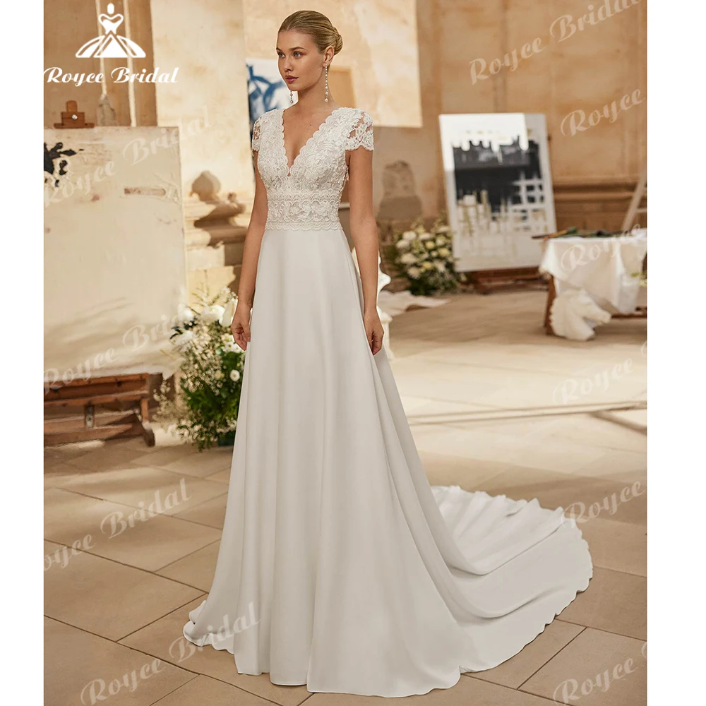 Roycebridal Elegant Satin V Neck Wedding Dresses 2026 A-Line Bride Dresses Lace Short Sleeve Wedding Gowns Customized
Roycebridal Elegant Satin V Neck Wedding Dresses 2026 A-Line Bride Dresses Lace Short Sleeve Wedding Gowns Customized