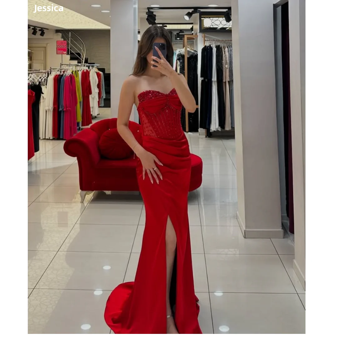 Jessica Fishbone Beaded Sequins Evening Dresses Red Crinkled Satin Prom Dresses Off-shoulder Side Slits Party Dresses Customized
Jessica Fishbone Beaded Sequins Evening Dresses Red Crinkled Satin Prom Dresses Off-shoulder Side Slits Party Dresses Customized