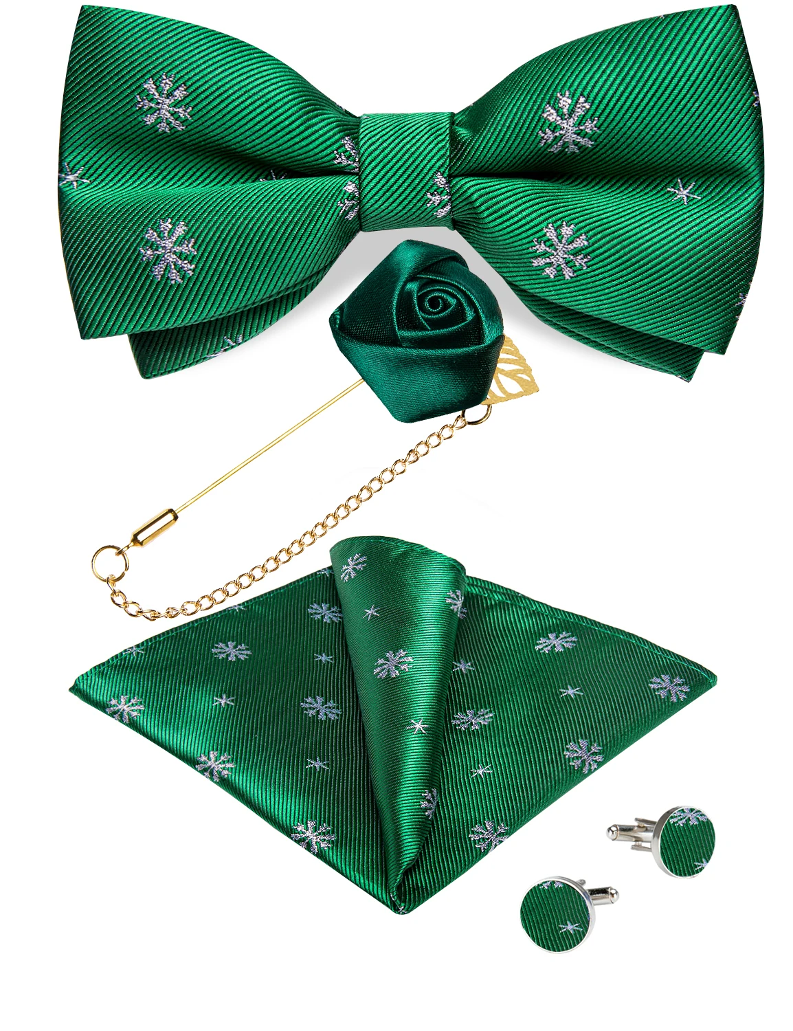 Green Christmas Party Men Pre-tied Bowtie Brooch Pocket Sauare Cufflinks for Mens Classic Snowflake Christmas Tree Necktie Set
Green Christmas Party Men Pre-tied Bowtie Brooch Pocket Sauare Cufflinks for Mens Classic Snowflake Christmas Tree Necktie Set