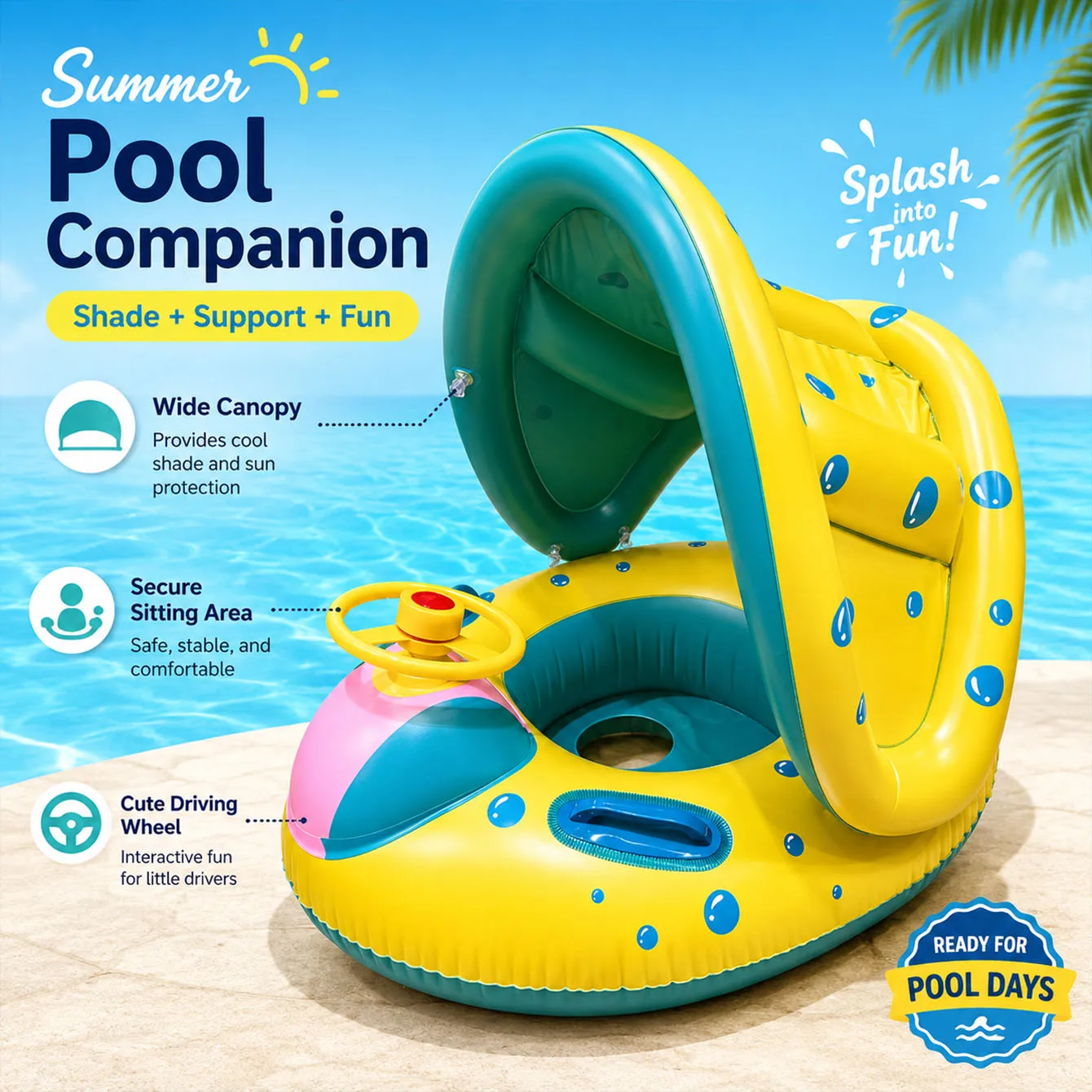 Inflatable Swimming Pool Floats with Removable Sun Protection Canopy,Floaties with Seat and Handle, No Flip Over Boat Swim Float
Inflatable Swimming Pool Floats with Removable Sun Protection Canopy,Floaties with Seat and Handle, No Flip Over Boat Swim Float
