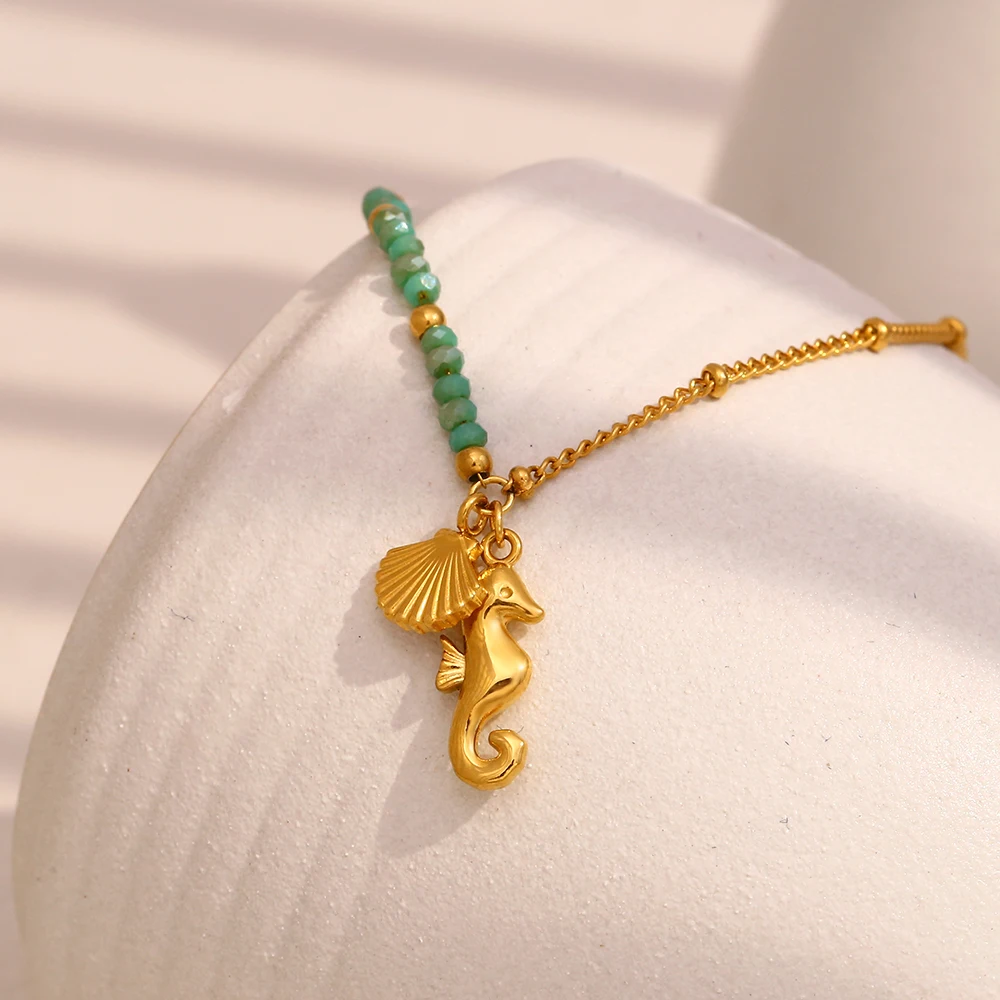 E.B.belle Dissymmetry Green Color Beaded Seahorse Pendant Bracelet 18K Gold Plated Stainless Steel Summer Beach Chic Jewelry
E.B.belle Dissymmetry Green Color Beaded Seahorse Pendant Bracelet 18K Gold Plated Stainless Steel Summer Beach Chic Jewelry