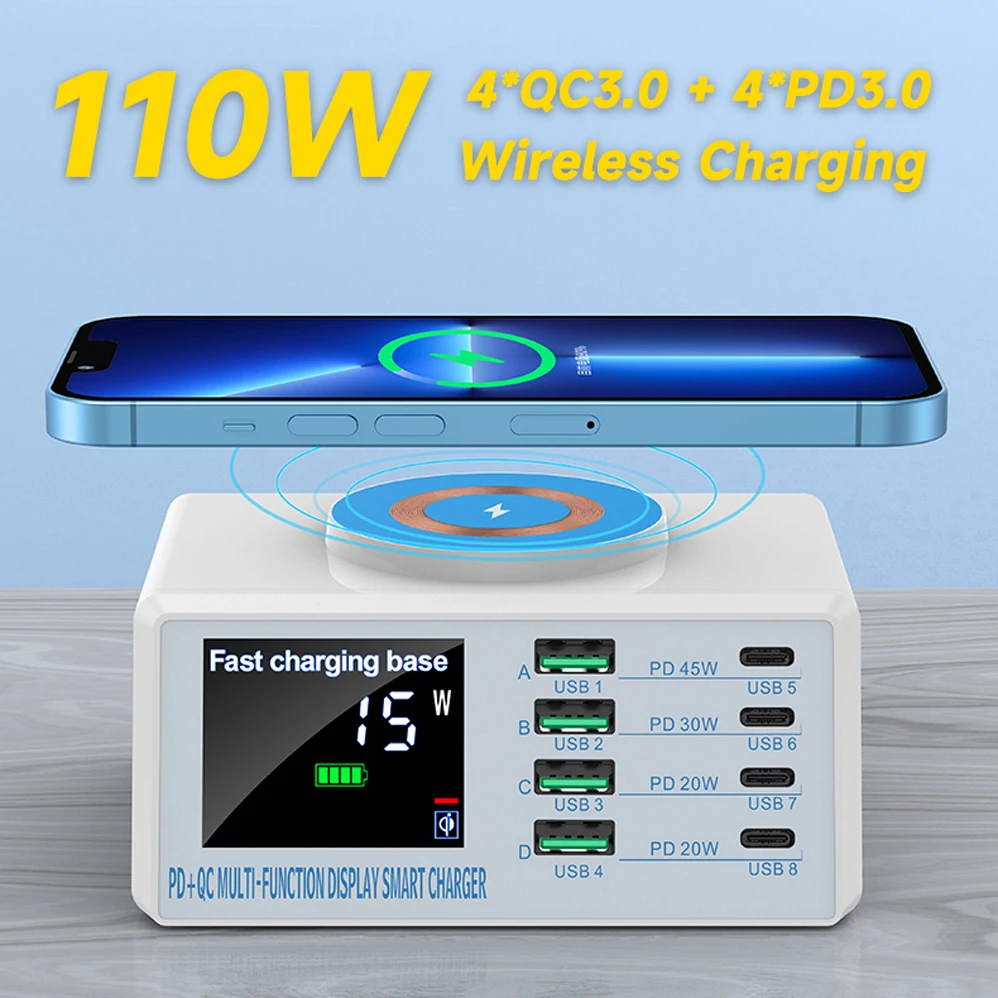 110W 8 Ports QC3.0 PD3.0 Display Wireless Charging USB Charger USB C Fast Charger Station For Samsung iPhone XIAOMI Redmi HUAWEI
110W 8 Ports QC3.0 PD3.0 Display Wireless Charging USB Charger USB C Fast Charger Station For Samsung iPhone XIAOMI Redmi HUAWEI