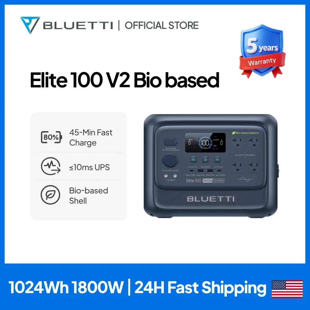 BLUETTI Elite 100 V2 Bio-based Portable Power Station 1800W 1024Wh LFP Battery Backup High Capacity For Camping Home Emergency
BLUETTI Elite 100 V2 Bio-based Portable Power Station 1800W 1024Wh LFP Battery Backup High Capacity For Camping Home Emergency