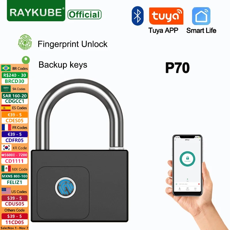 RAYKUBE P70 Tuya BLE Smart Fingerprint Padlock Waterproof Remote Unlock USB Charging Key Unlock Anti-theft Cabinet Door Lock
RAYKUBE P70 Tuya BLE Smart Fingerprint Padlock Waterproof Remote Unlock USB Charging Key Unlock Anti-theft Cabinet Door Lock